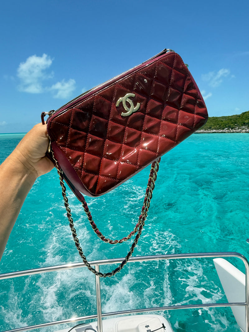 Chanel Quilted Patent Double Zip Camera Bag in Burgundy Pre-Owned