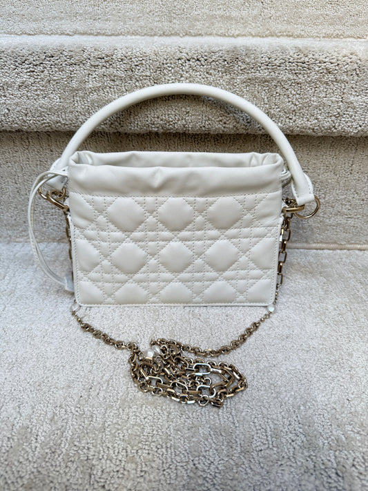 luxury preowned Dior Milly mini handbag in white with pearl chain