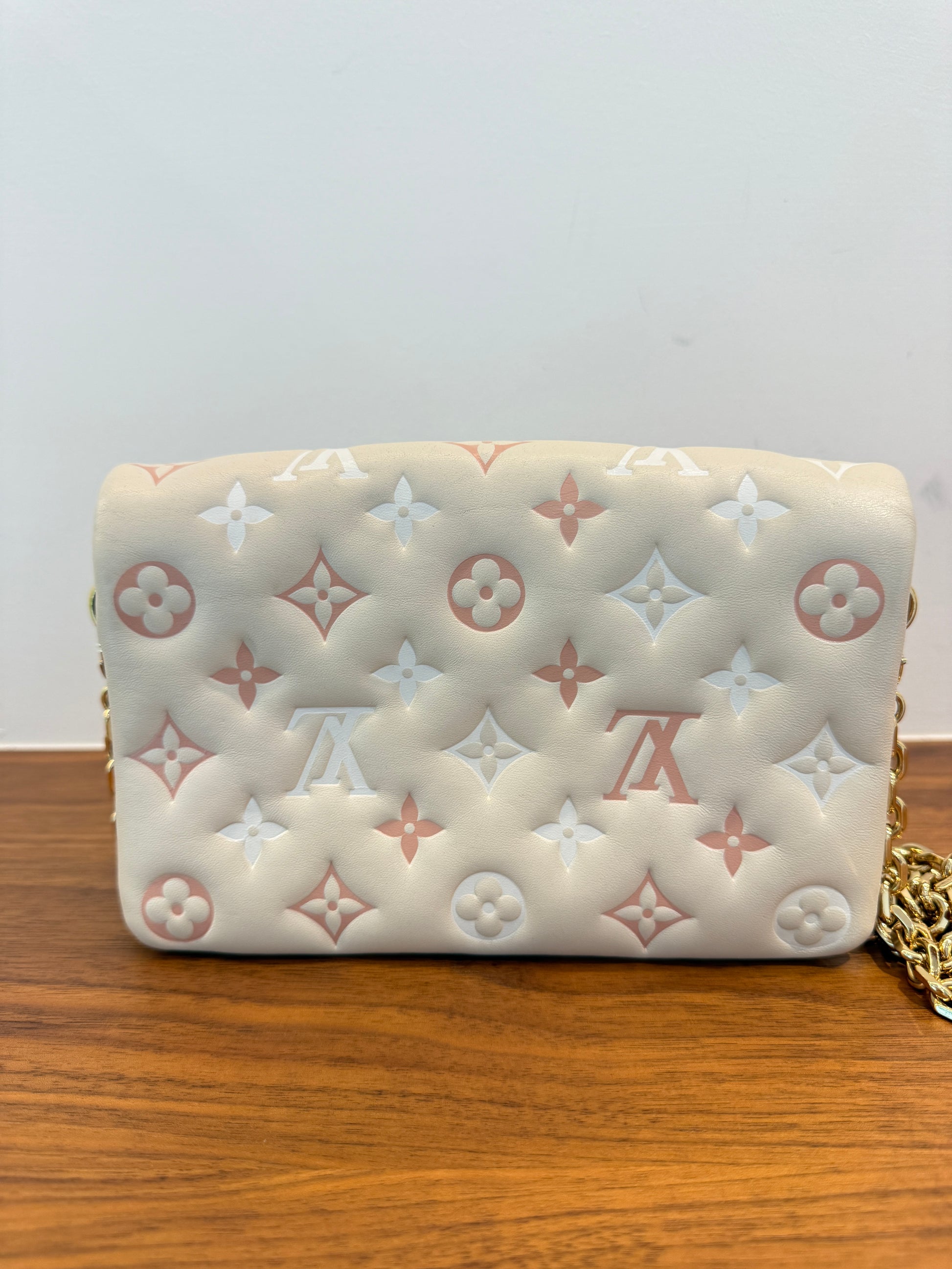 Louis Vuitton coussin pochette cream view of back of bag 