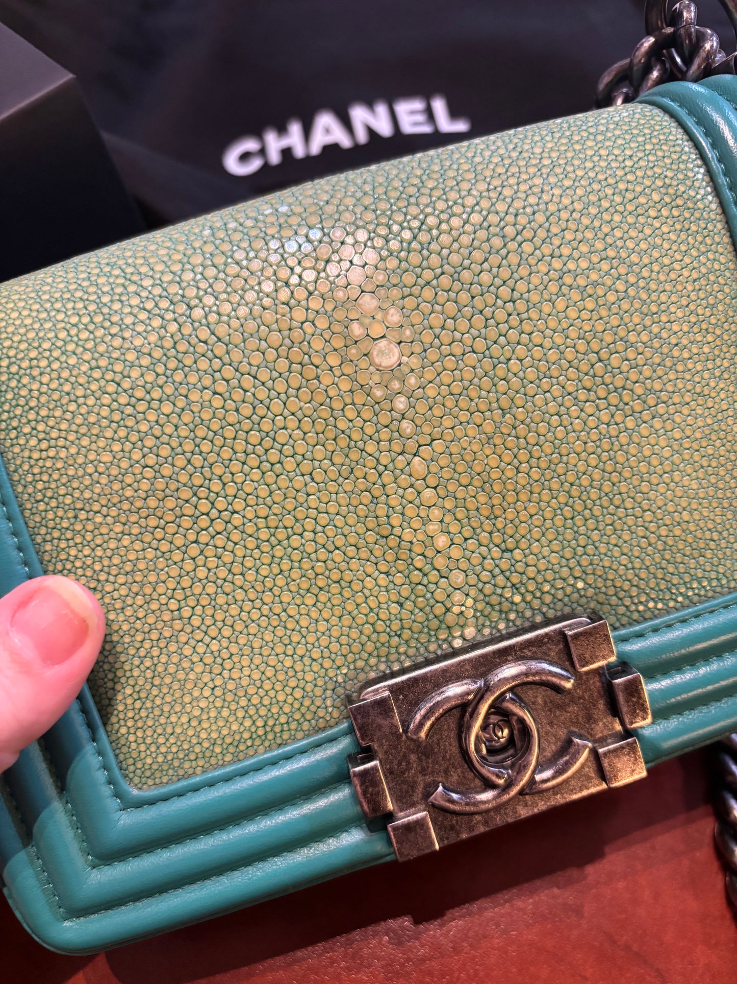 Chanel Galuchat Stingray Small Boy Flap Turquoise Pre-Owned