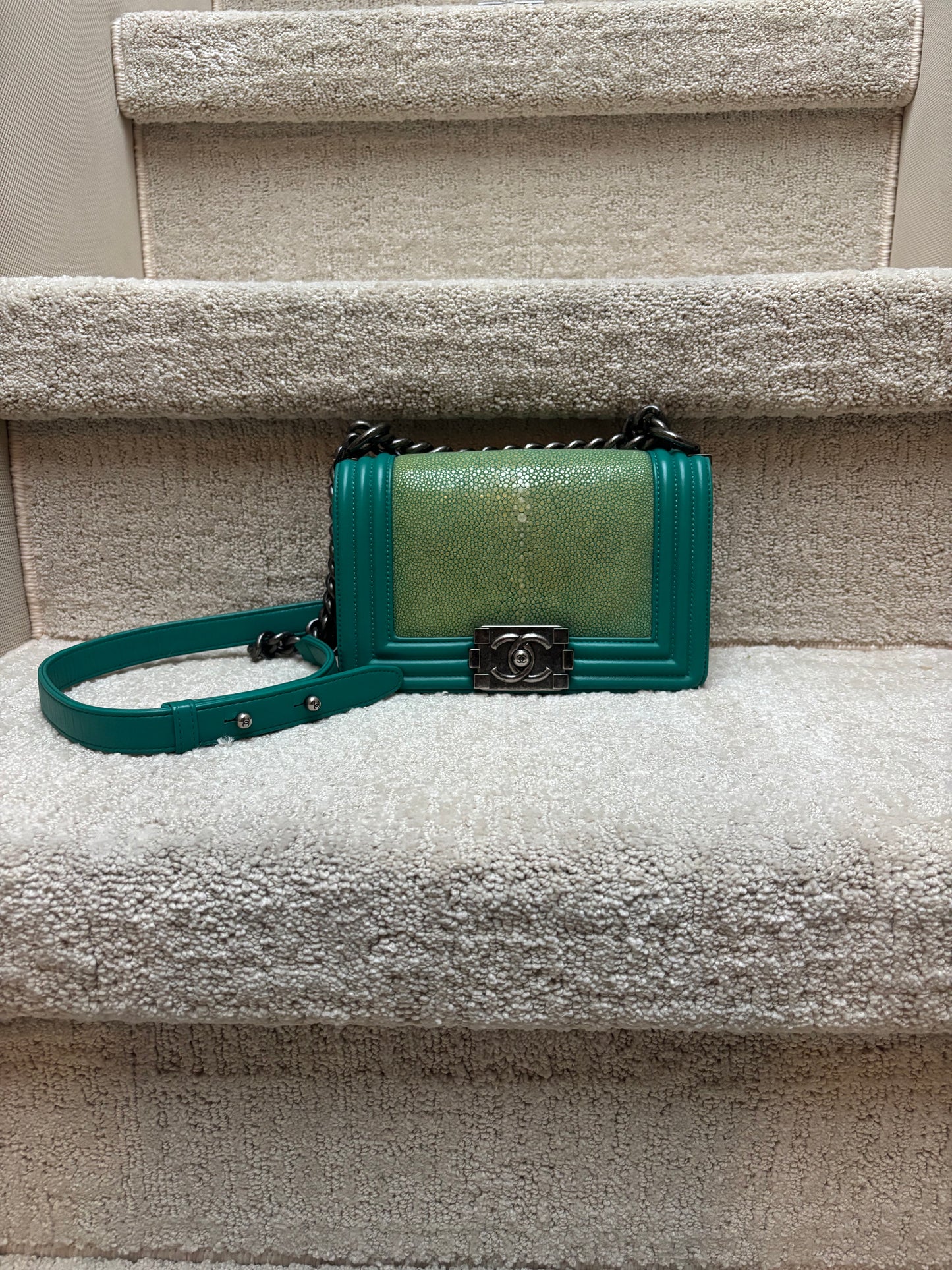 Chanel small boy bag rare stingray and leather authentic preowned in turquoise green