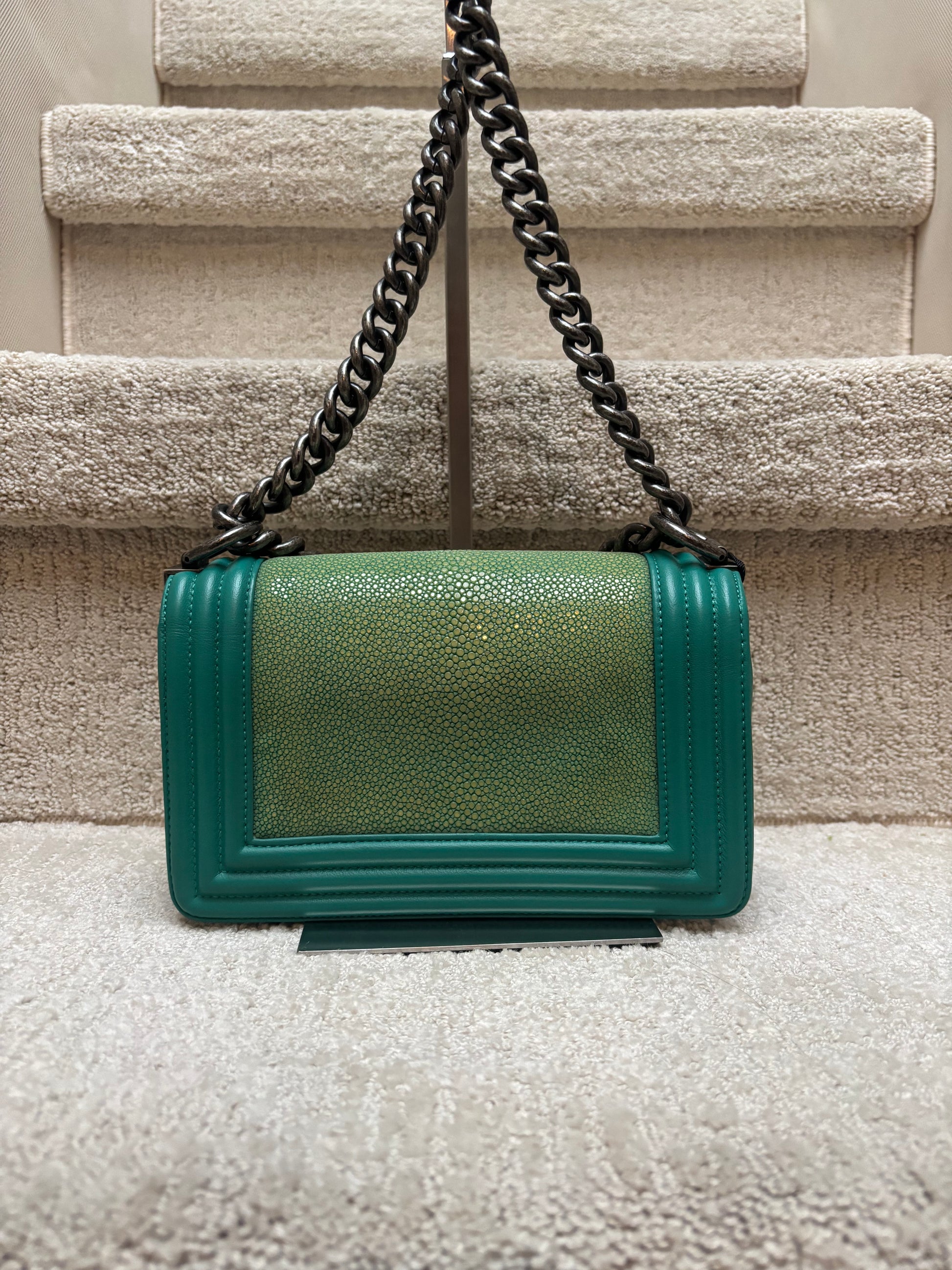 chanel small boy bag in stingray and leather green back side of handbag shown for sale