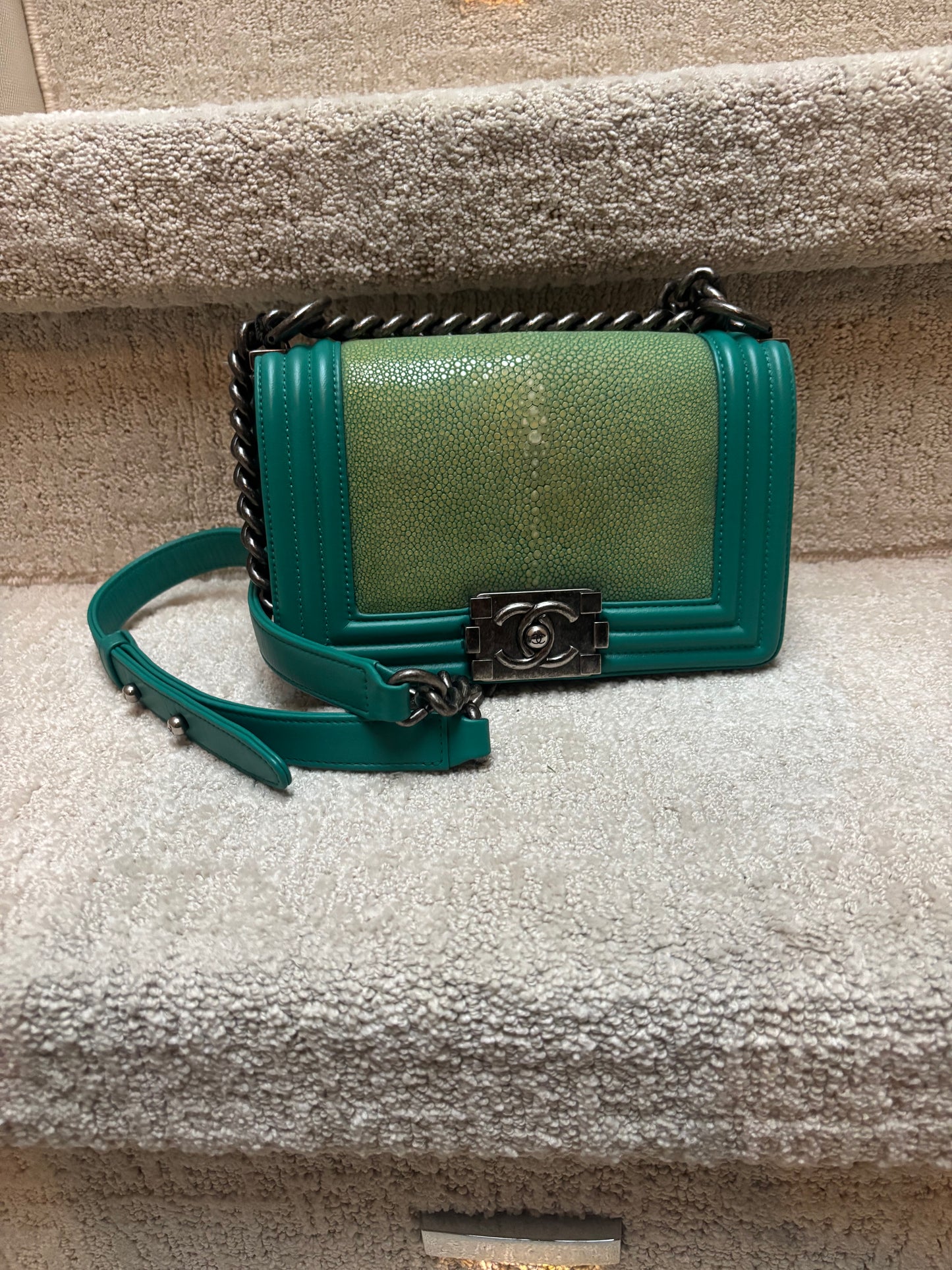 Chanel Galuchat Stingray Small Boy Flap Turquoise Pre-Owned