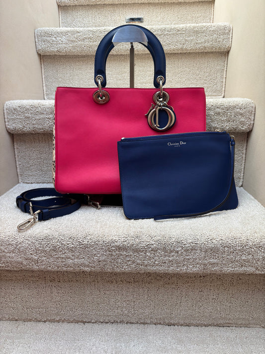 christian dior diorissimo bag size medium in hot pink royal blue and python with silver hardware authentic pre-onwed
