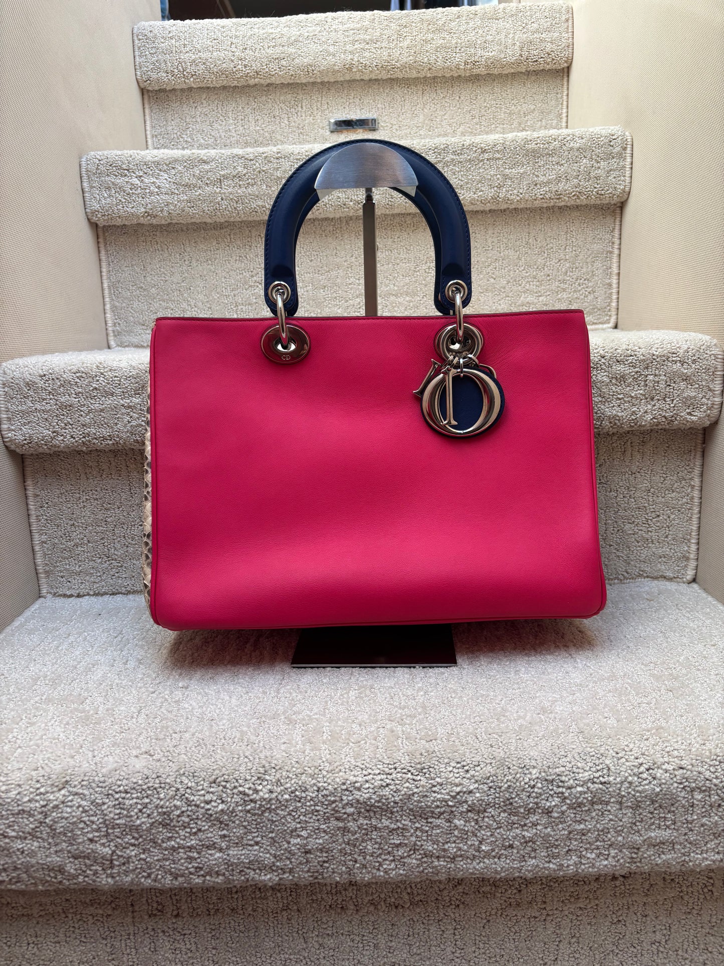Dior pink medium tote with navy blue and python on the sides with silver hardware pre-owned for sale used from purseonlashopper