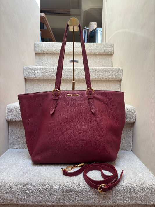 Miu Miu Vitello Danino Burgundy Leather Tote Pre-Owned