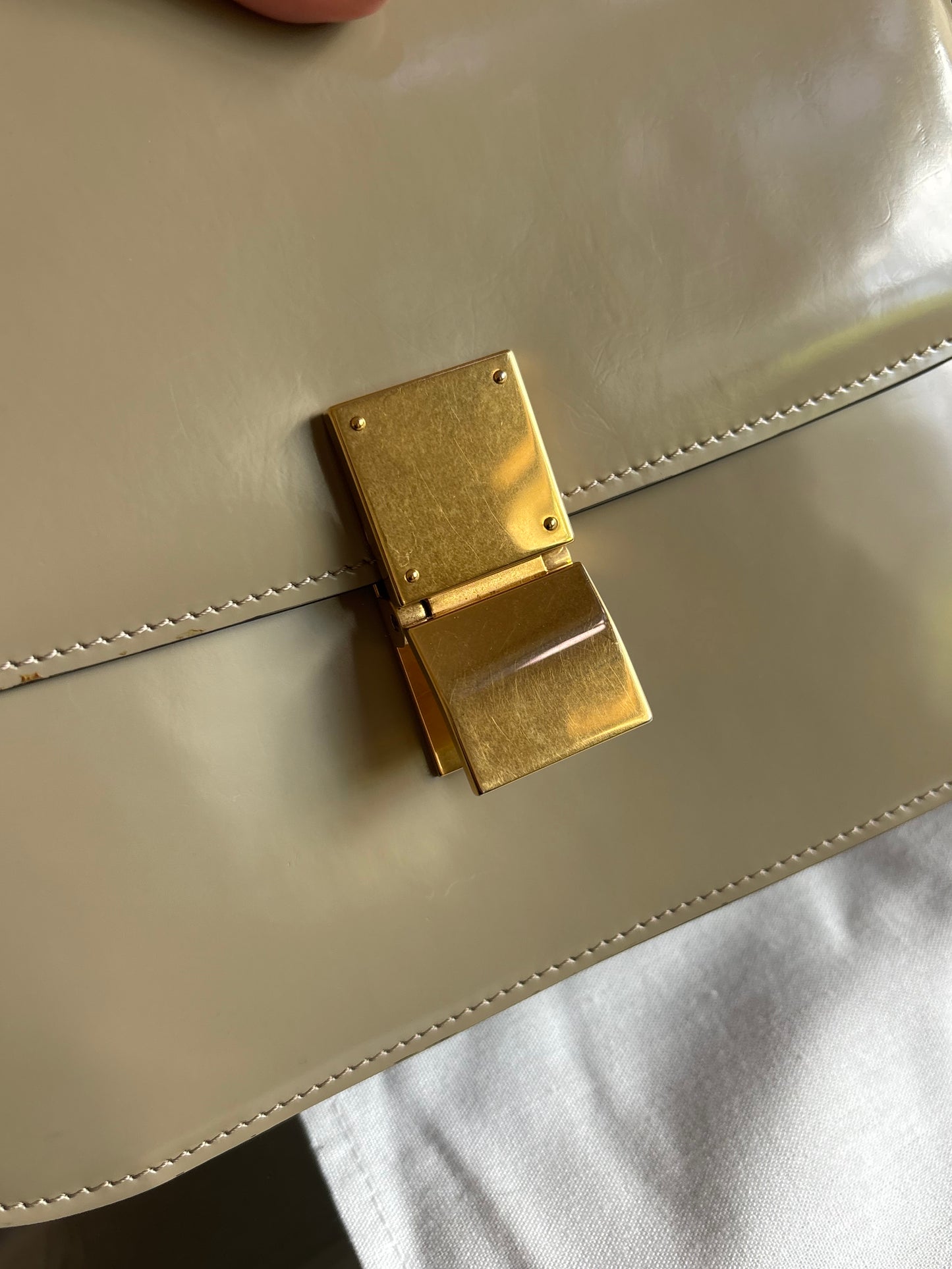 Celine Medium Classic Box Flap Bag in Greige Patent Leather Pre-Owned