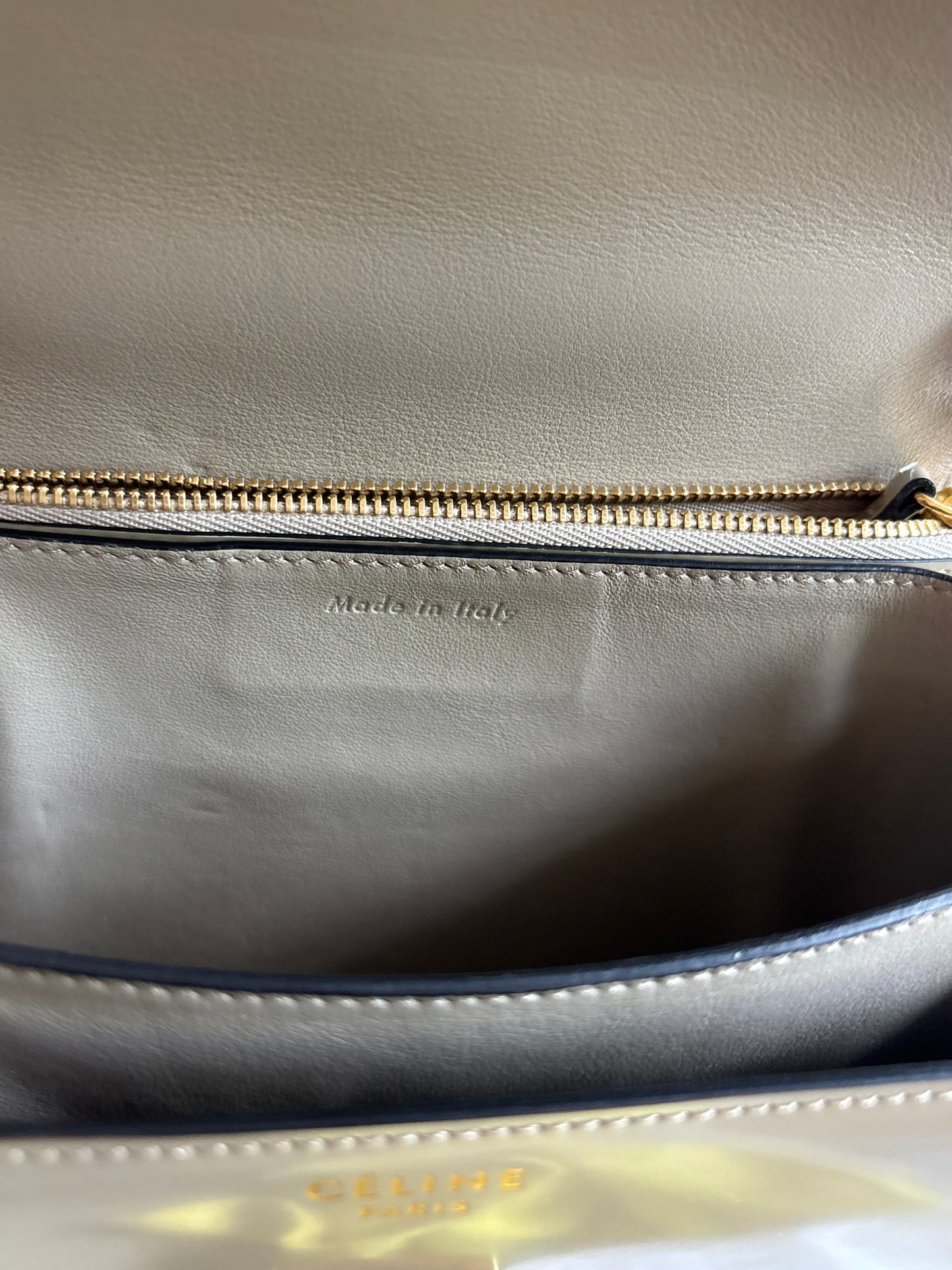 Celine Medium Classic Box Flap Bag in Greige Patent Leather Pre-Owned