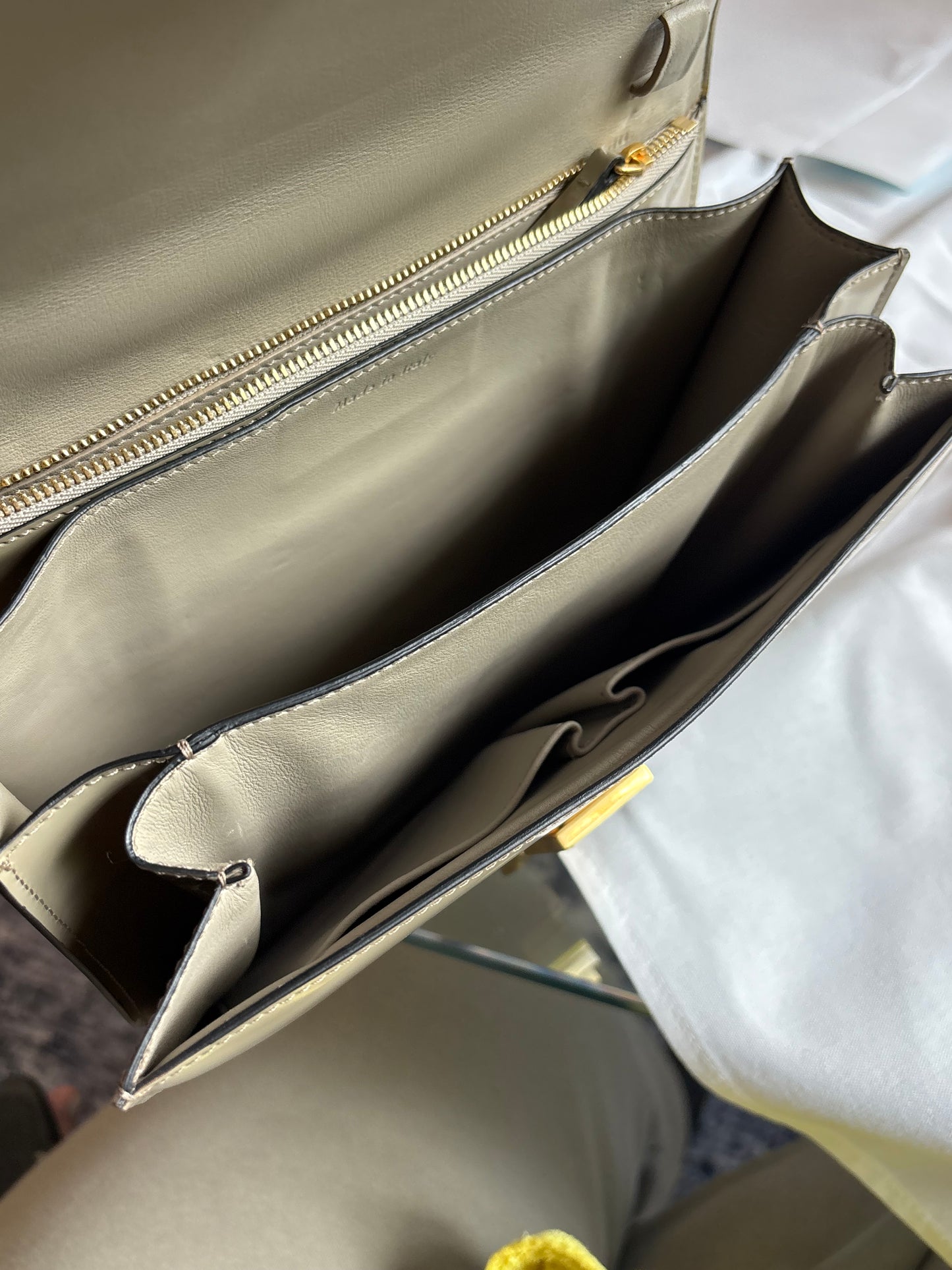 Celine Medium Classic Box Flap Bag in Greige Patent Leather Pre-Owned