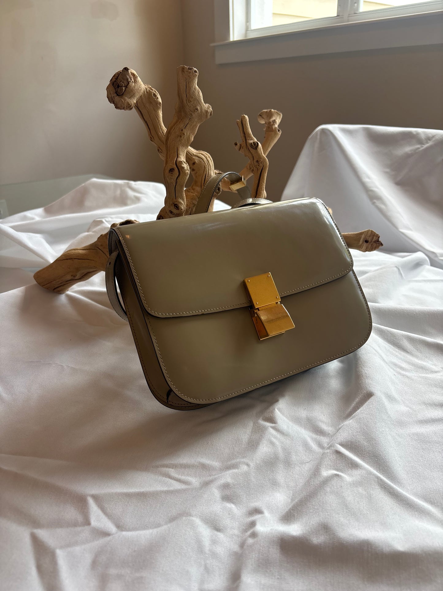 Celine Medium Classic Box Flap Bag in Greige Patent Leather Pre-Owned