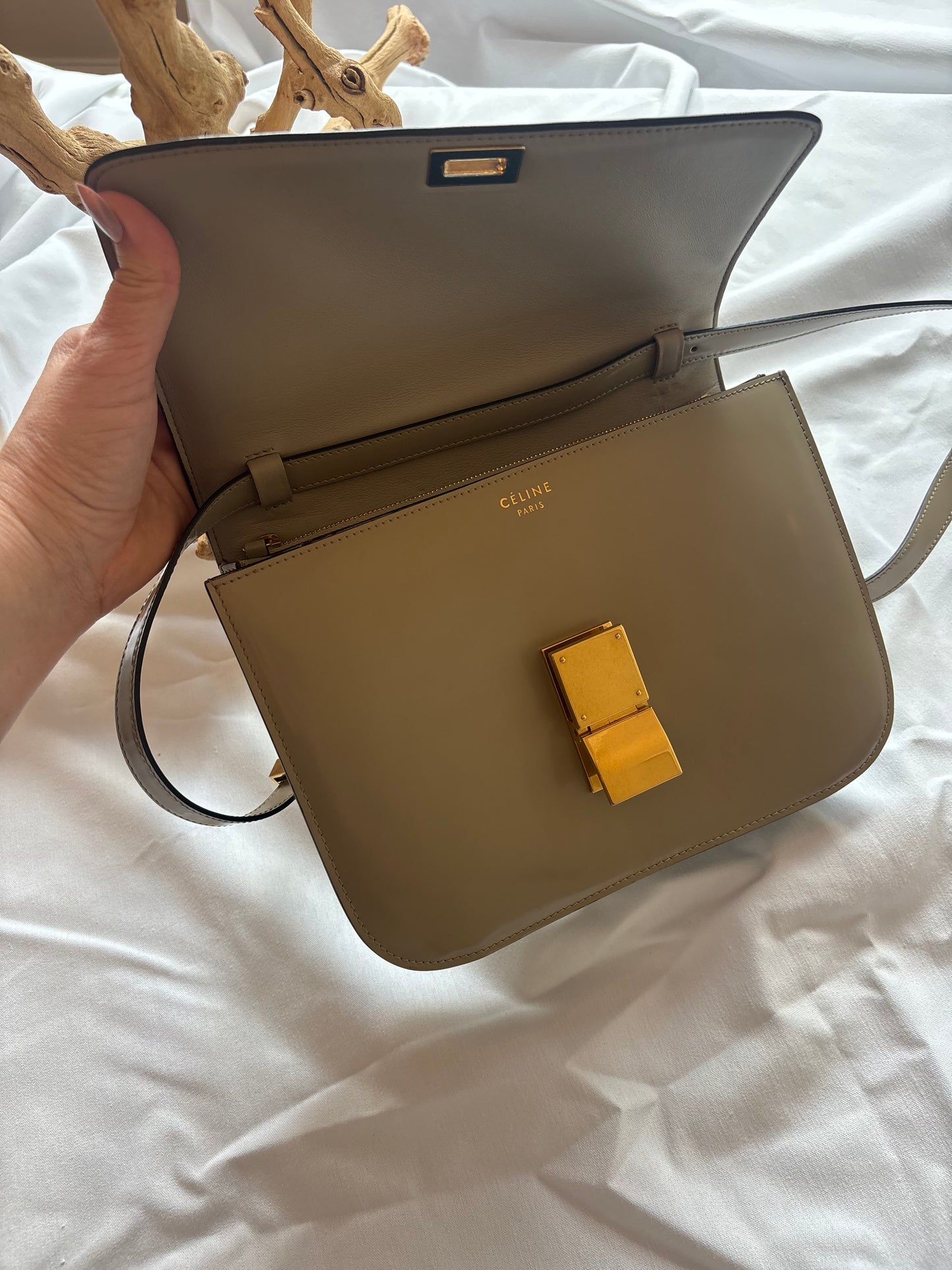 Celine Medium Classic Box Flap Bag in Greige Patent Leather Pre-Owned