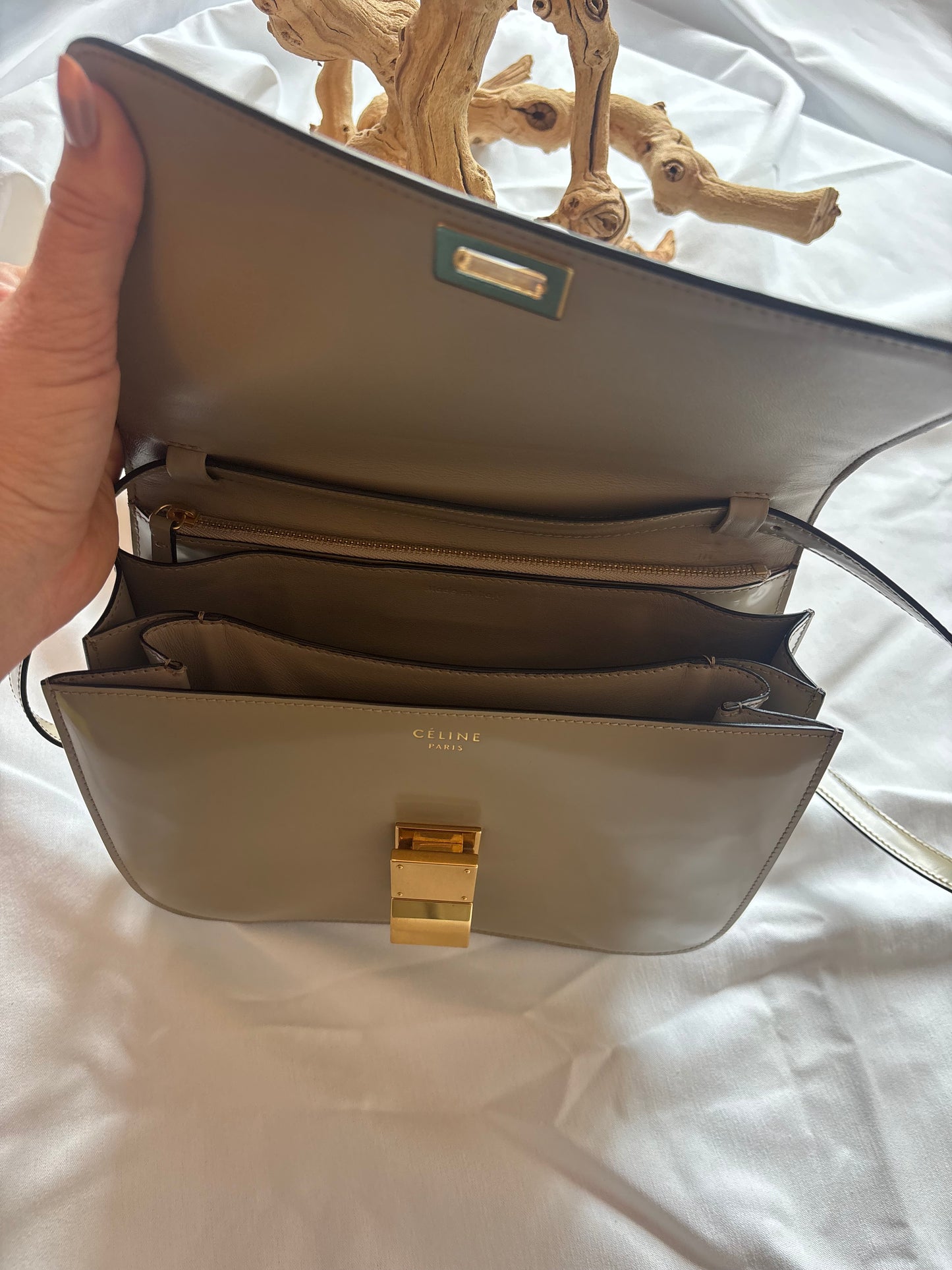 Celine Medium Classic Box Flap Bag in Greige Patent Leather Pre-Owned