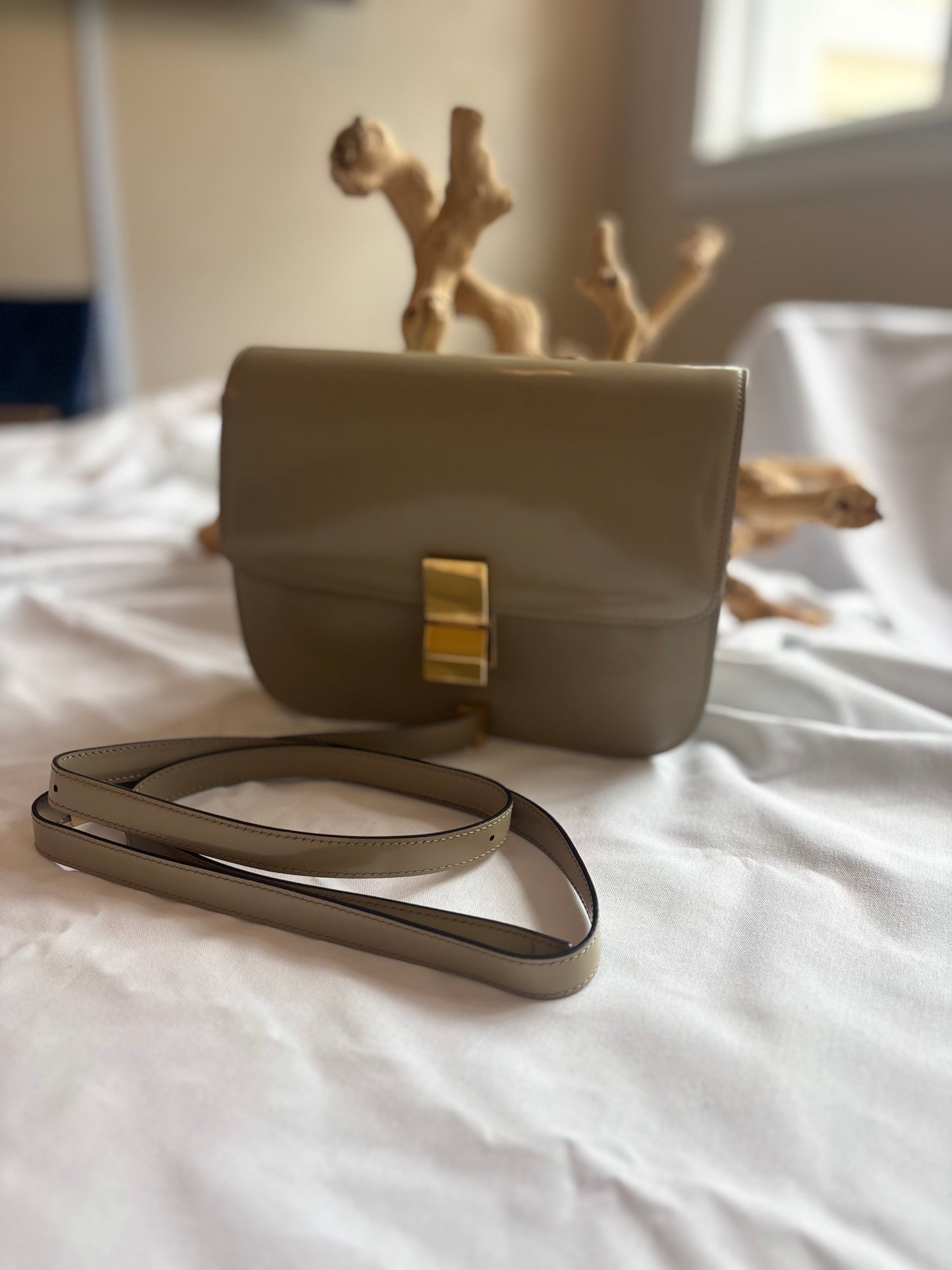 Celine Medium Classic Box Flap Bag in Greige Patent Leather Pre-Owned