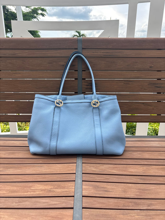 GUCCI GG Twins Guccissima Leather Tote Bag in Blue Pre-Owned