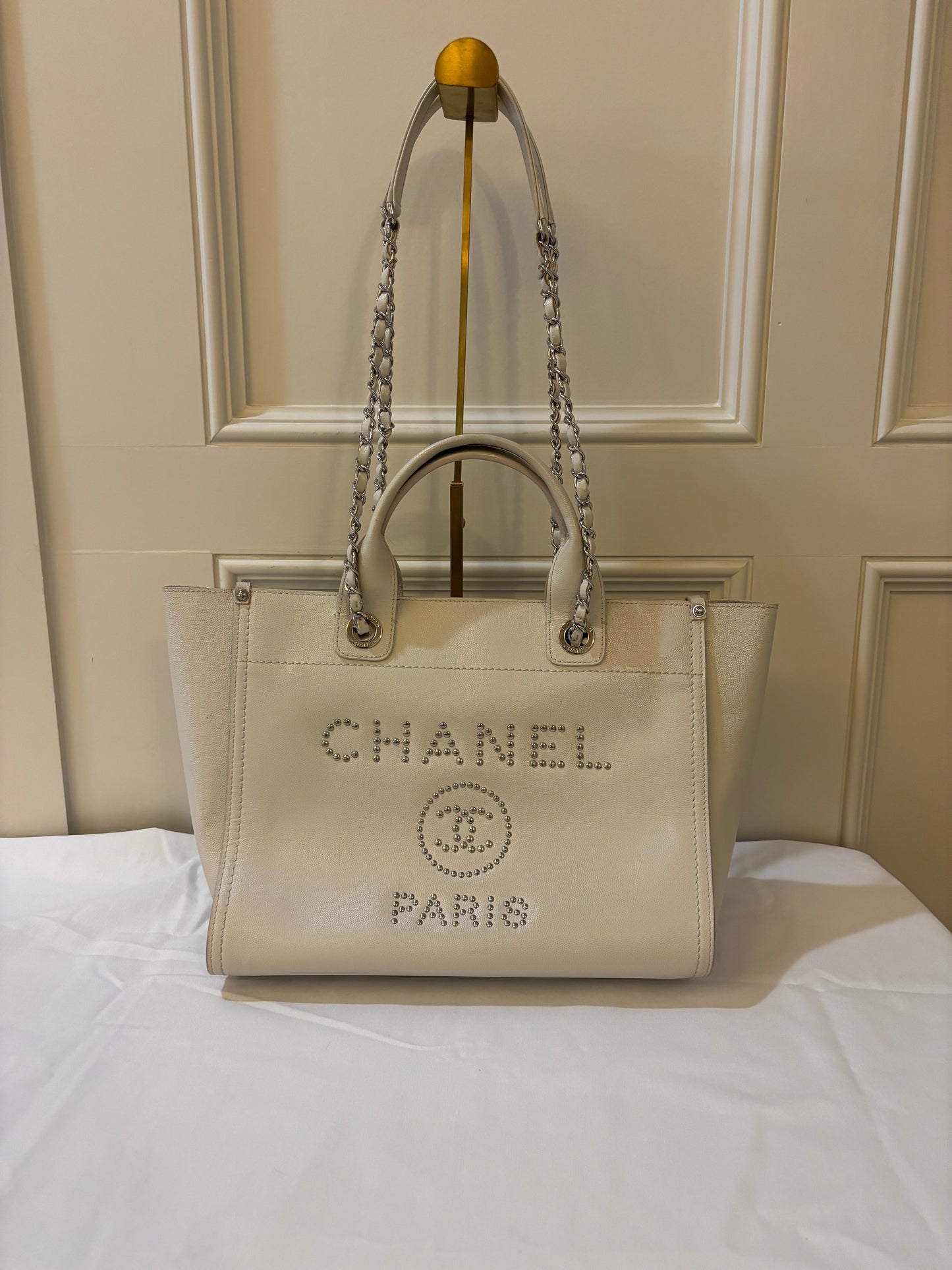 Chanel Studded Deauville Tote in Size Small Caviar Leather White Pre-Owned