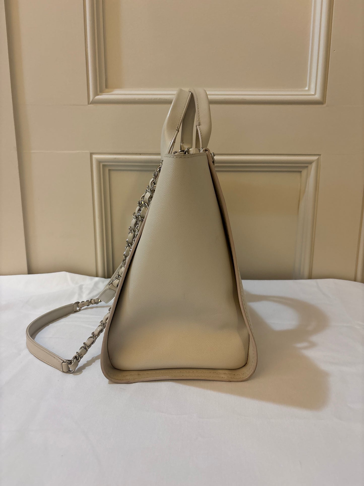 Chanel Studded Deauville Tote in Size Small Caviar Leather White Pre-Owned
