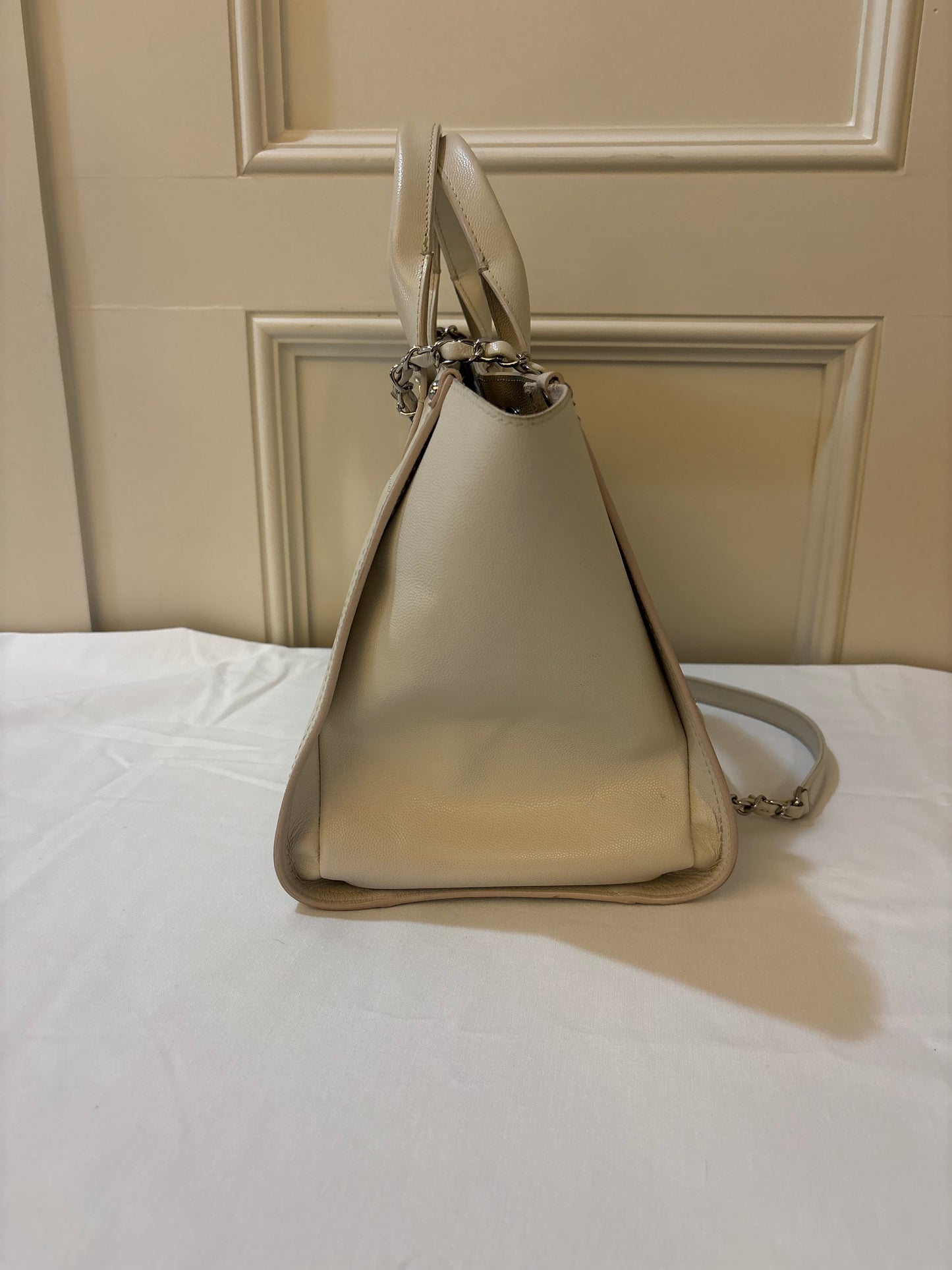 Chanel Studded Deauville Tote in Size Small Caviar Leather White Pre-Owned