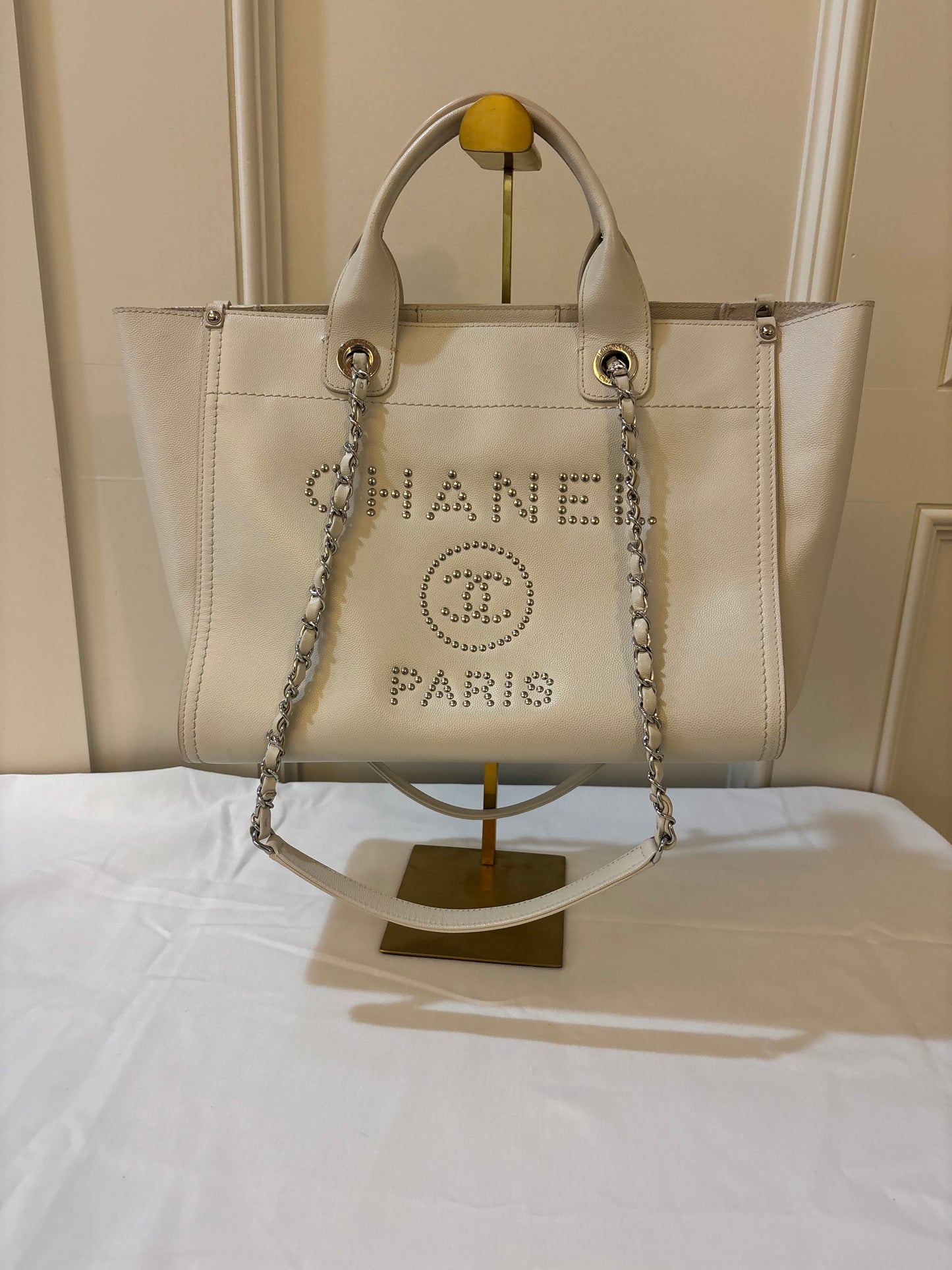 Chanel Studded Deauville Tote in Size Small Caviar Leather White Pre-Owned
