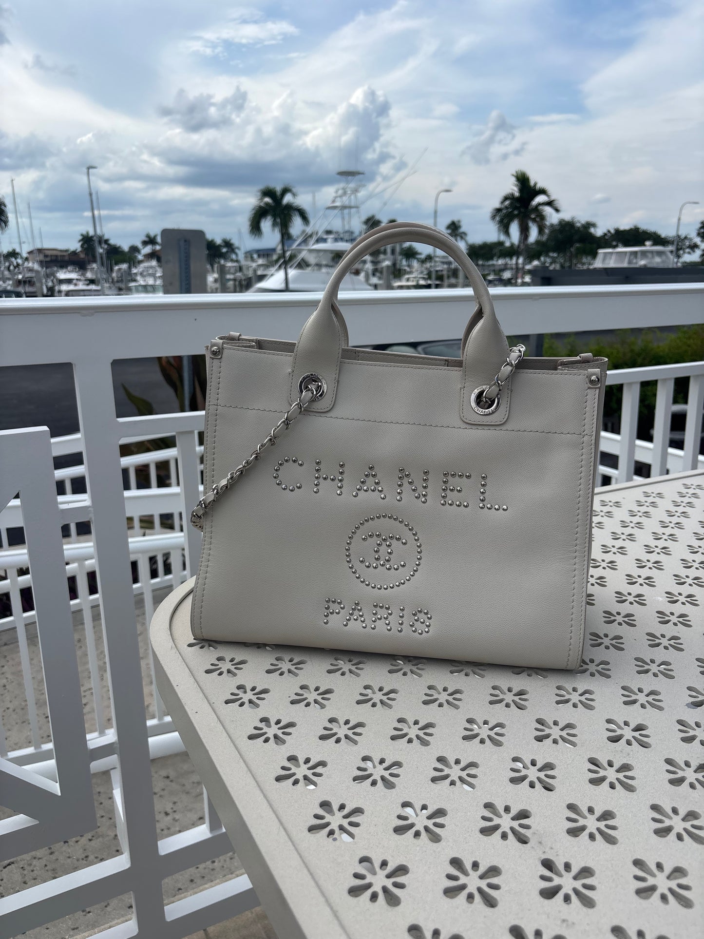 Chanel Studded Deauville Tote in Size Small Caviar Leather White Pre-Owned