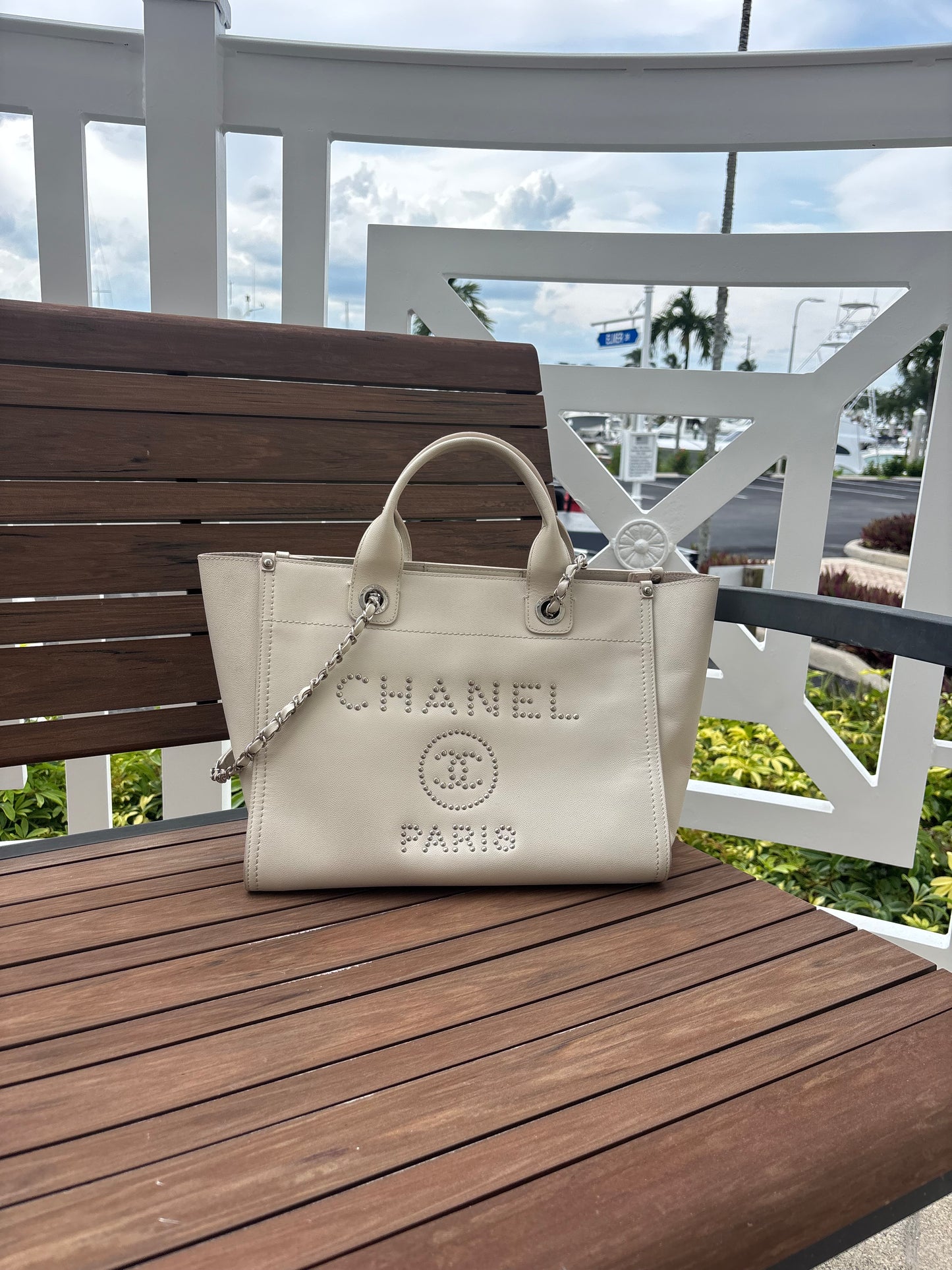 Chanel Studded Deauville Tote in Size Small Caviar Leather White Pre-Owned