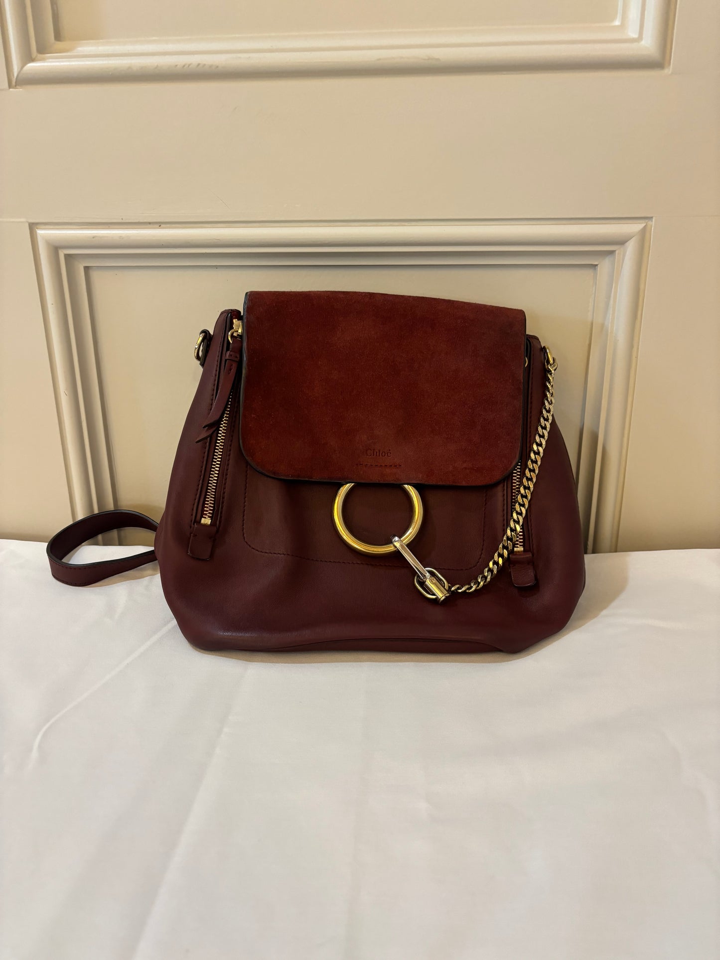 Chloe Suede Calfskin Medium Faye Backpack in Burgundy Pre-Owned