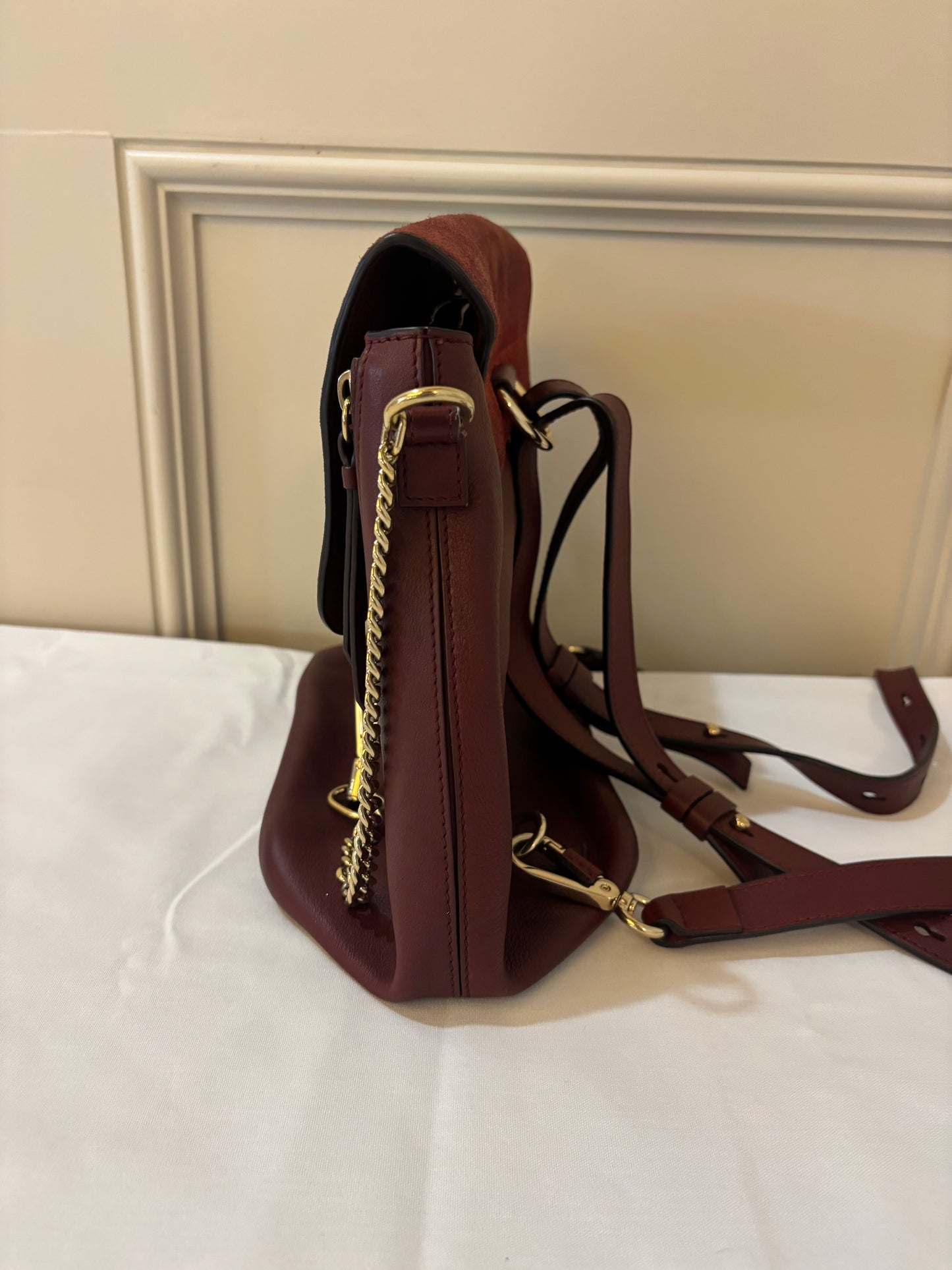 Chloe Suede Calfskin Medium Faye Backpack in Burgundy Pre-Owned