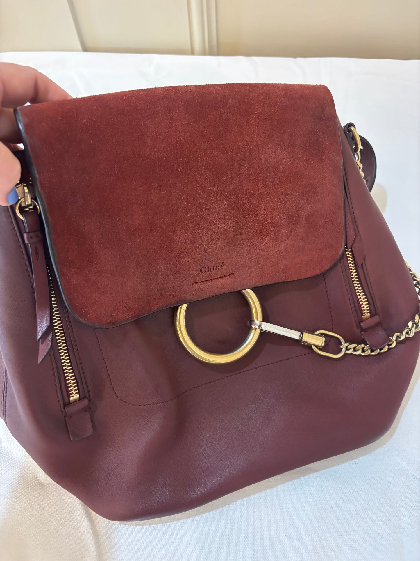 Chloe Suede Calfskin Medium Faye Backpack in Burgundy Pre-Owned