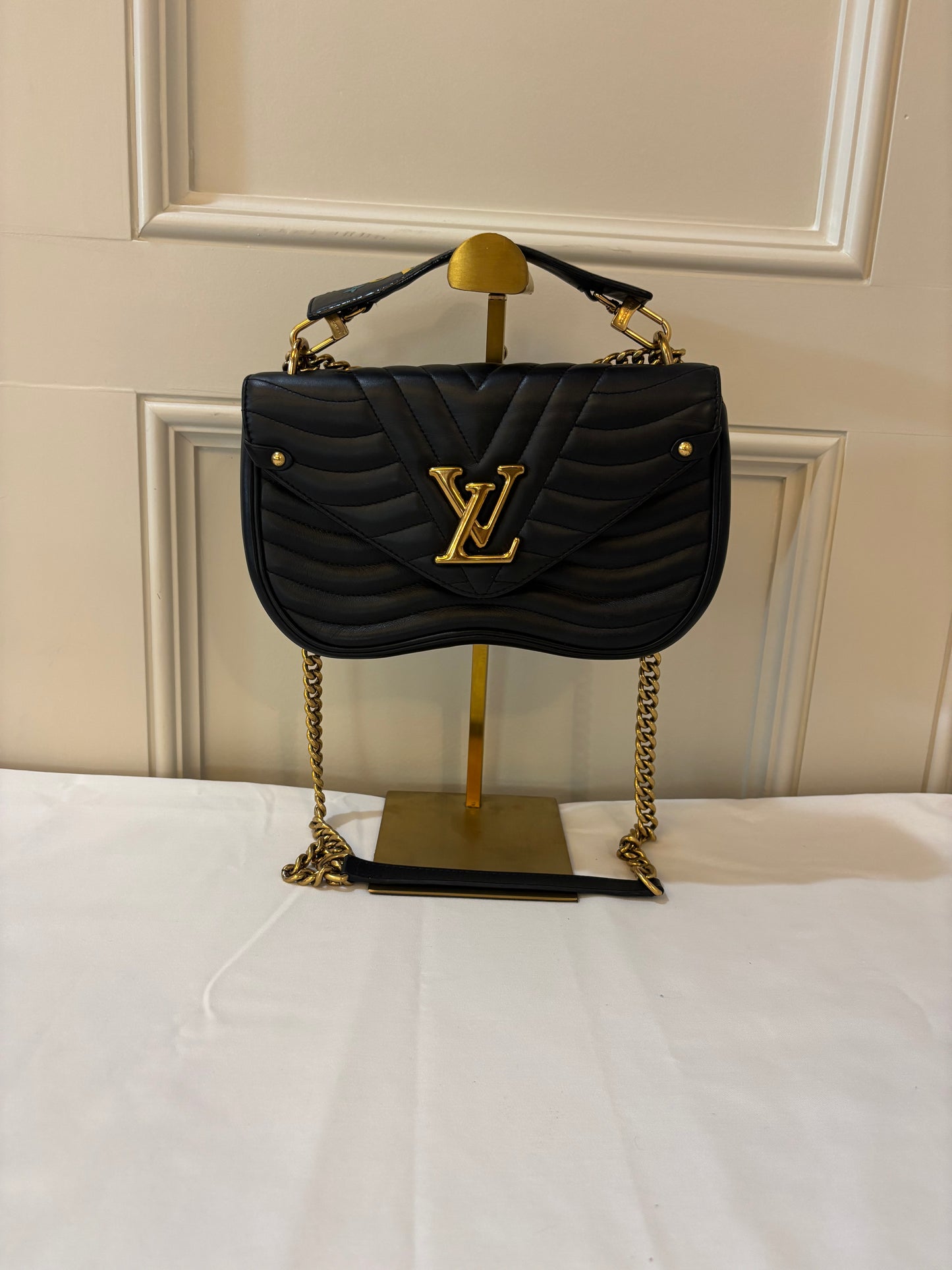 Louis Vuitton Black Lambskin handbag with top handle and gold chain crossbody strap for sale