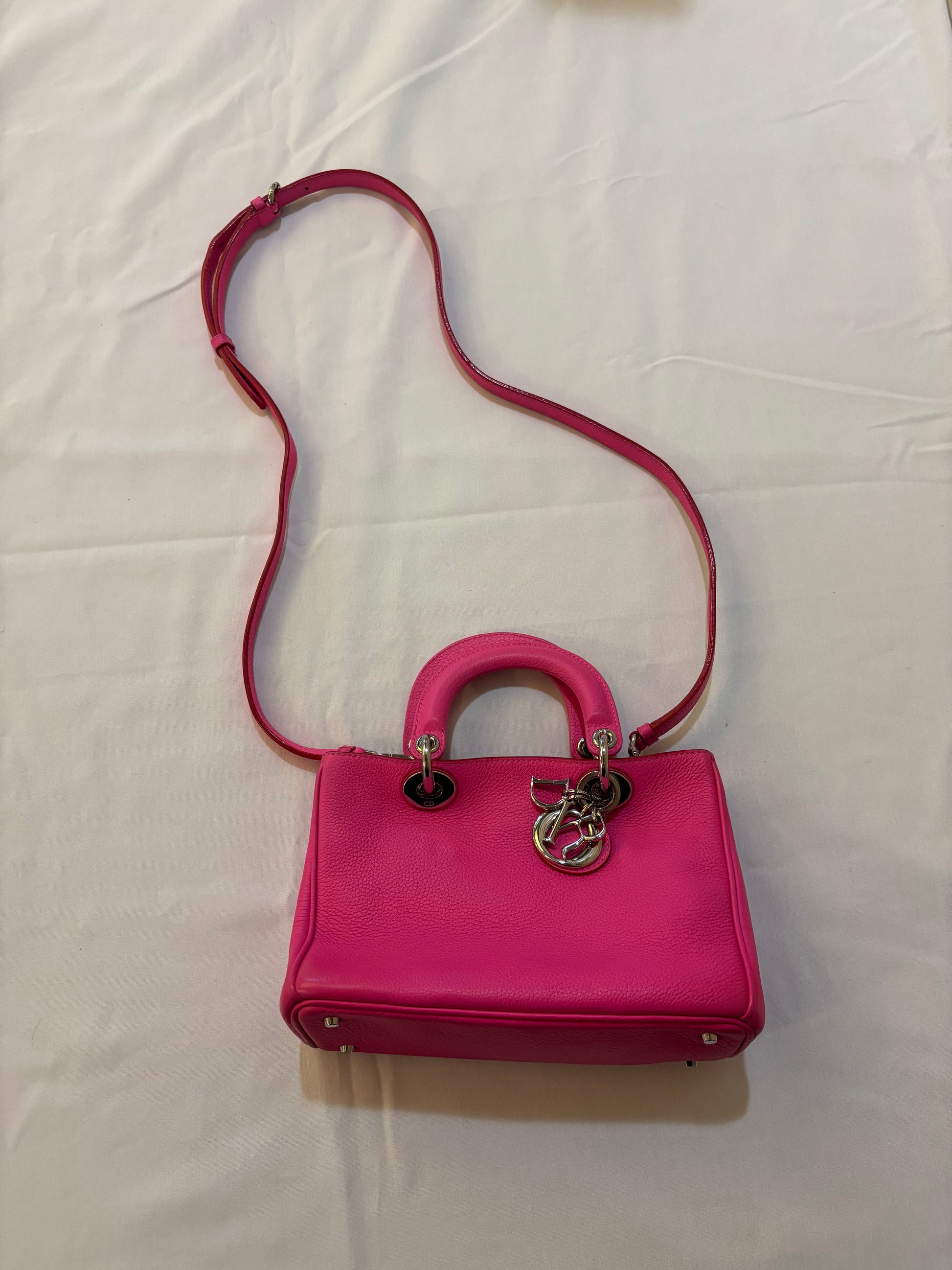 Small Diorissima Tote in pink for sale with optionals top handle and dior charms used
