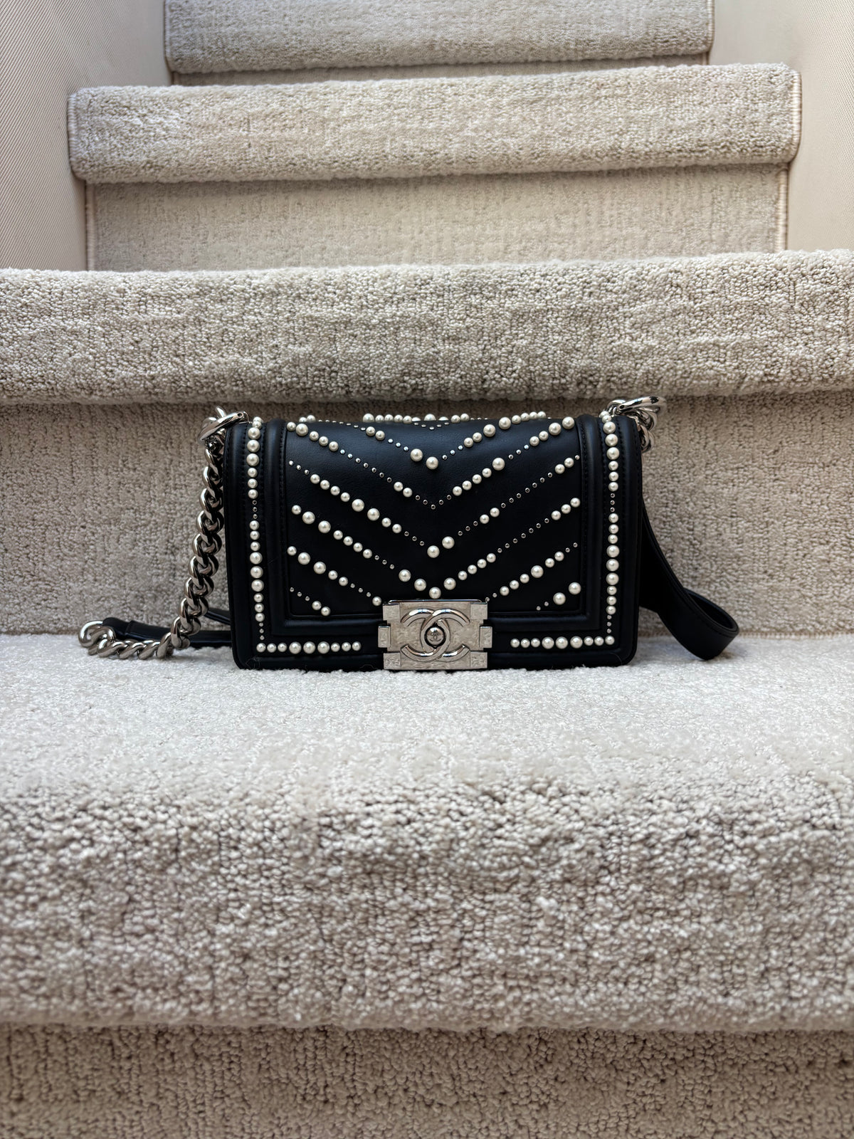 Chanel Small Boy Bag in Black Calfskin with Chevron Pearl Embellishments