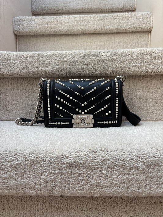 Chanel Small Boy Bag in Black Calfskin with Chevron Pearl Embellishments