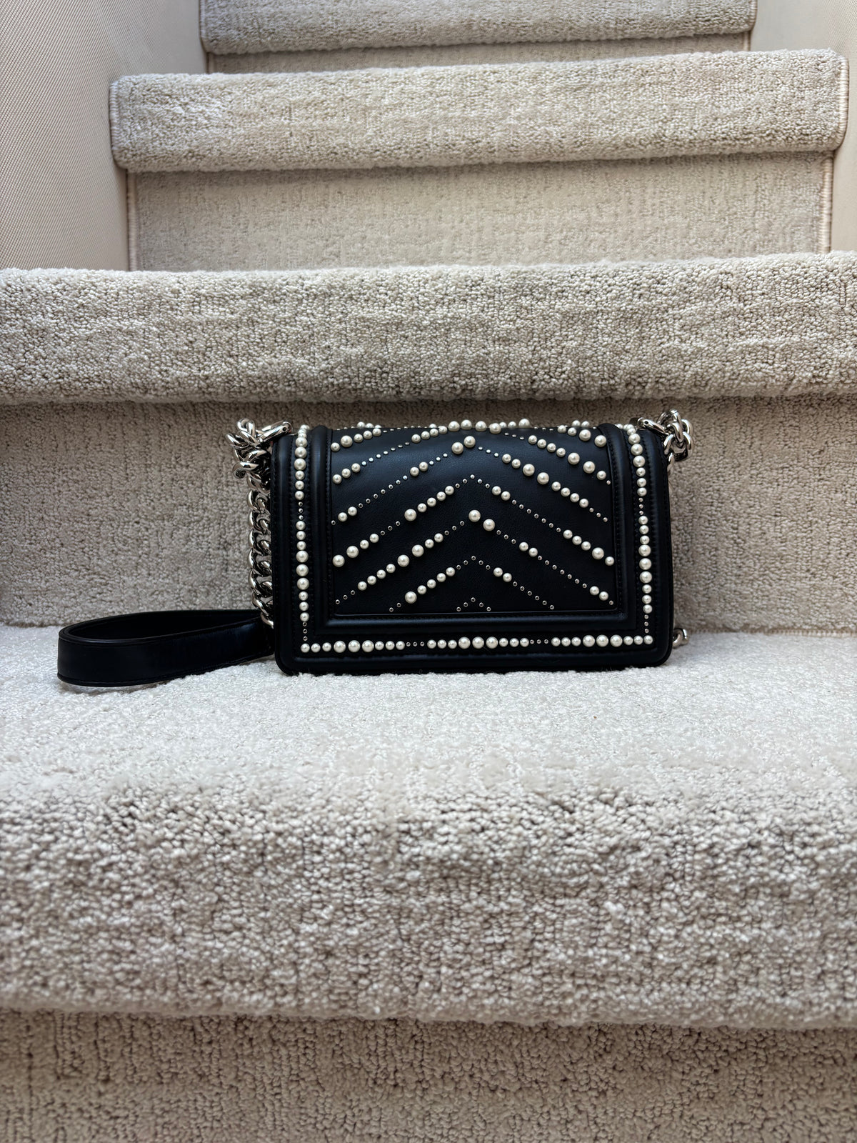 Chanel Small Boy Bag in Black Calfskin with Chevron Pearl Embellishments