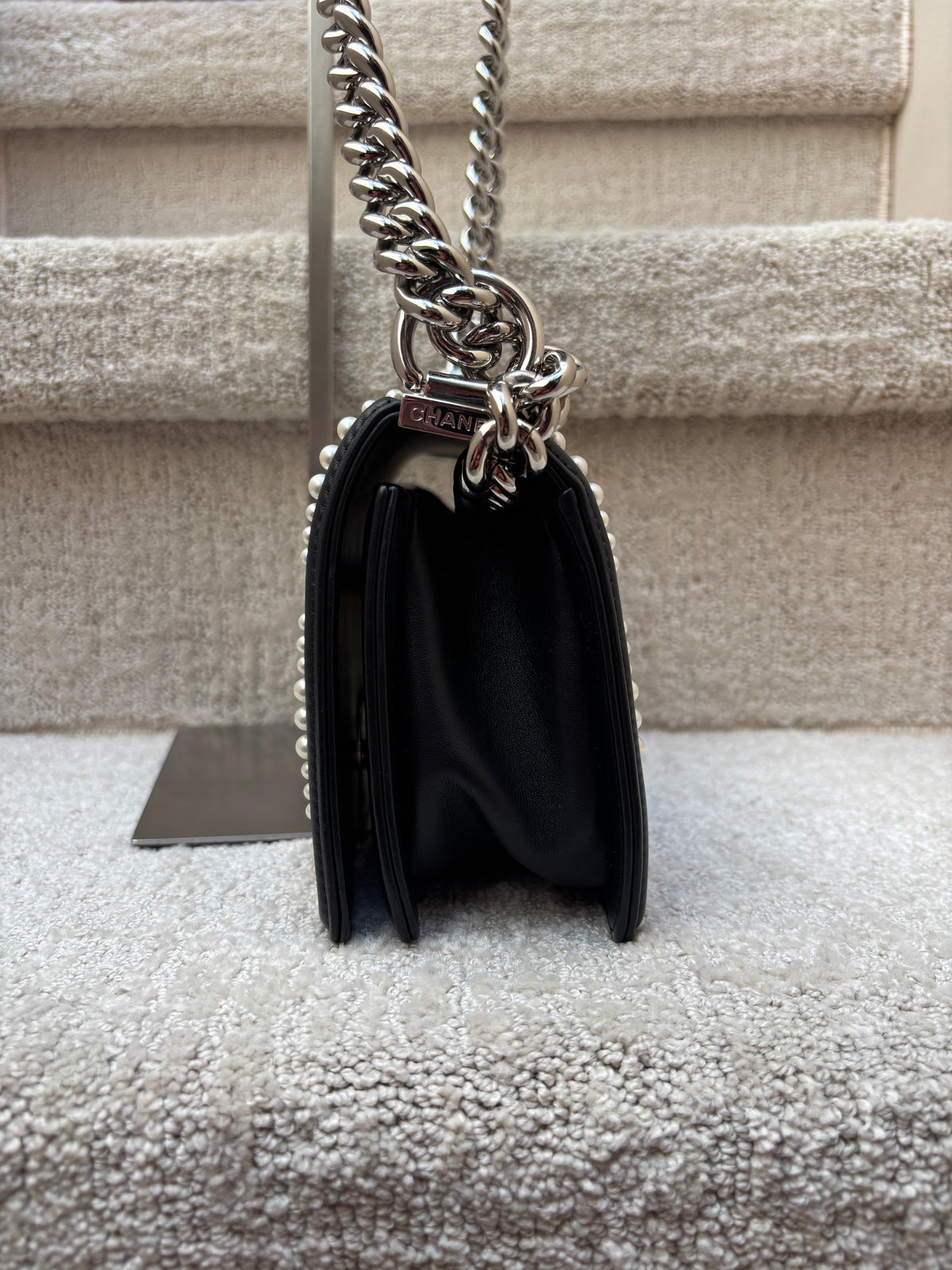 Chanel Small Boy Bag in Black Calfskin with Chevron Pearl Embellishments