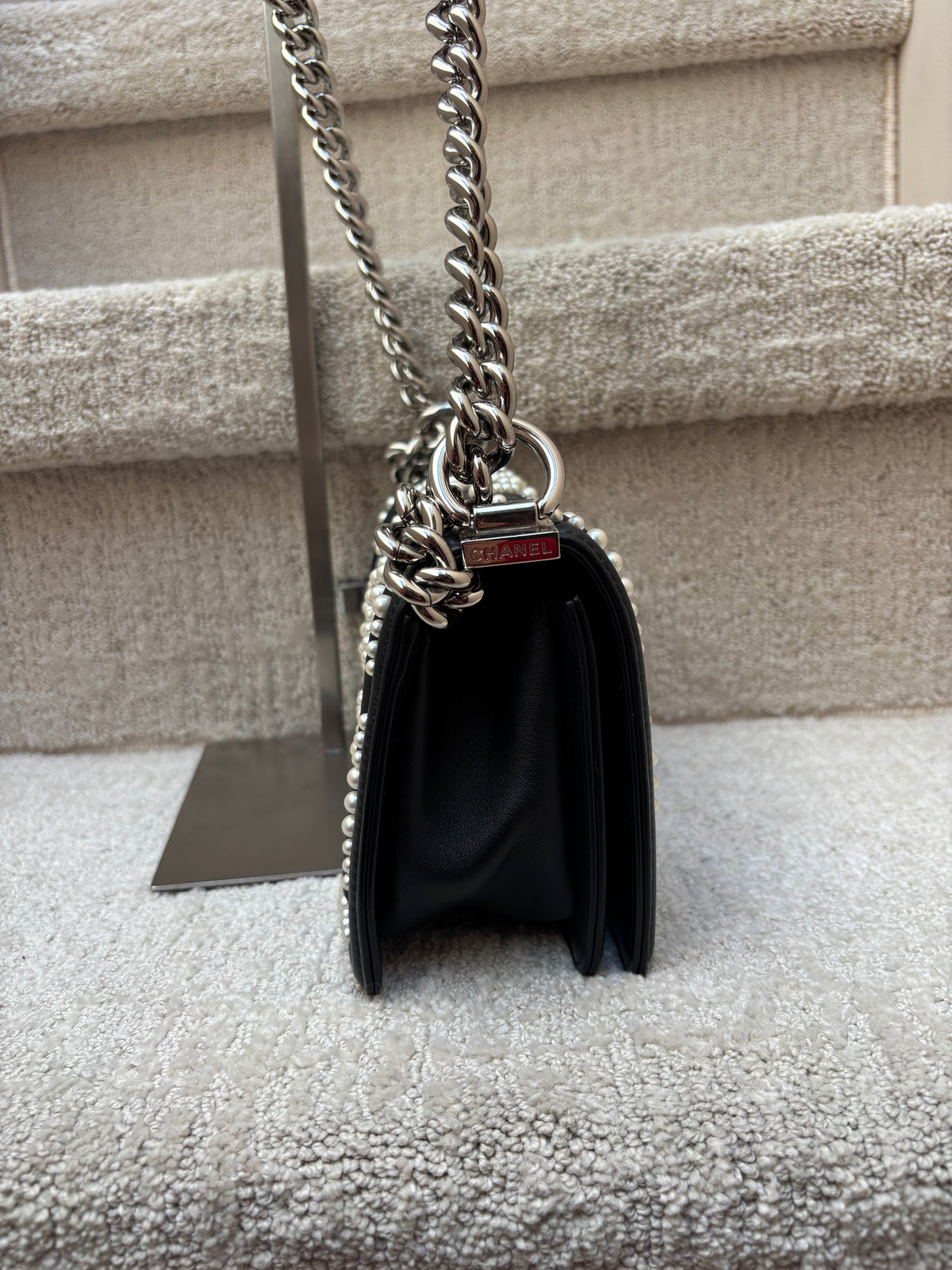 Chanel Small Boy Bag in Black Calfskin with Chevron Pearl Embellishments