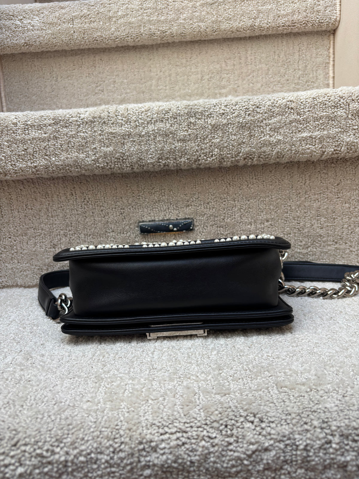 Chanel Small Boy Bag in Black Calfskin with Chevron Pearl Embellishments