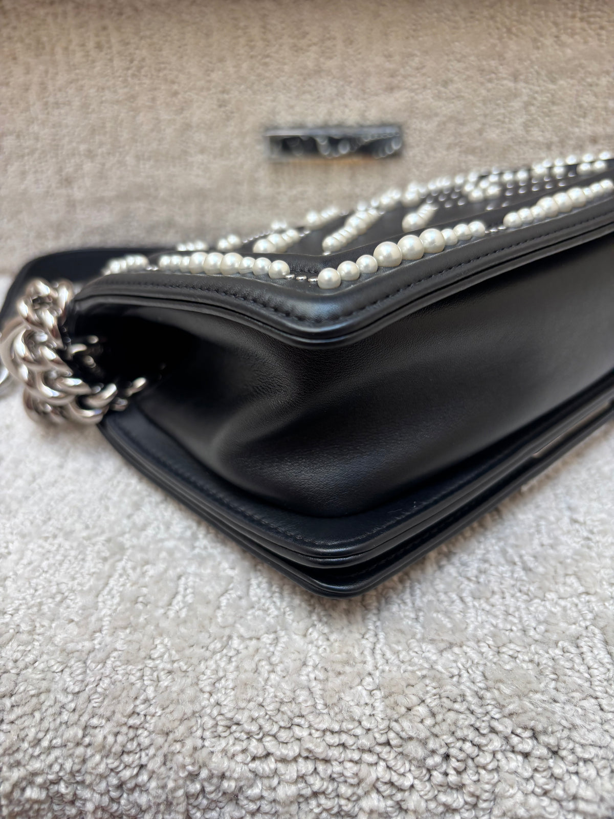 Chanel Small Boy Bag in Black Calfskin with Chevron Pearl Embellishments