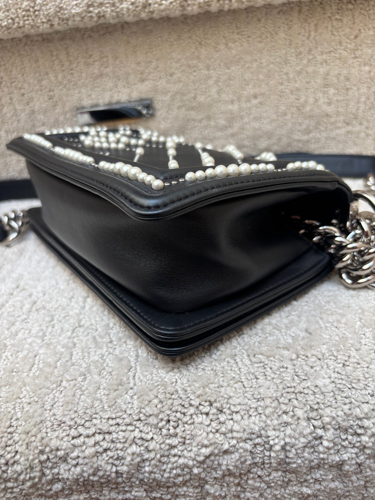 Chanel Small Boy Bag in Black Calfskin with Chevron Pearl Embellishments