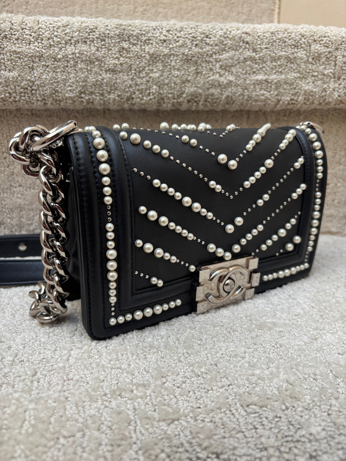 Chanel Small Boy Bag in Black Calfskin with Chevron Pearl Embellishments