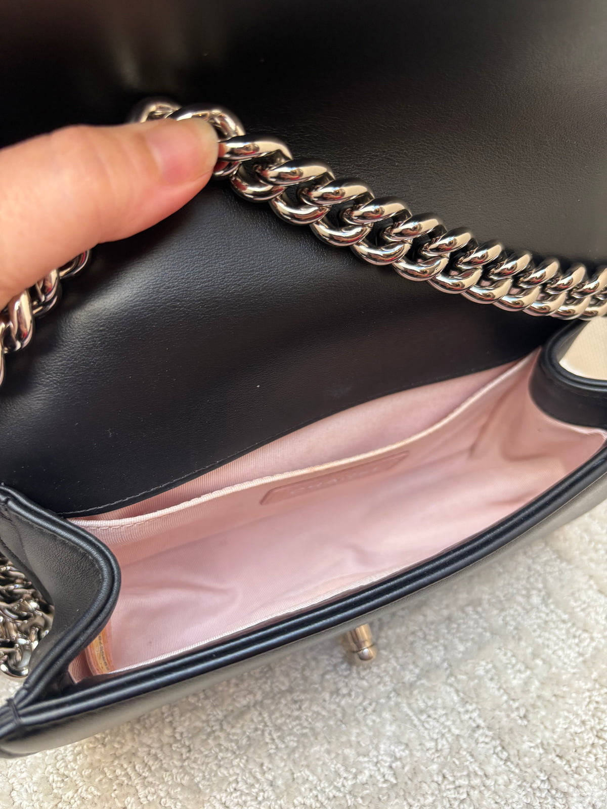 Chanel Small Boy Bag in Black Calfskin with Chevron Pearl Embellishments