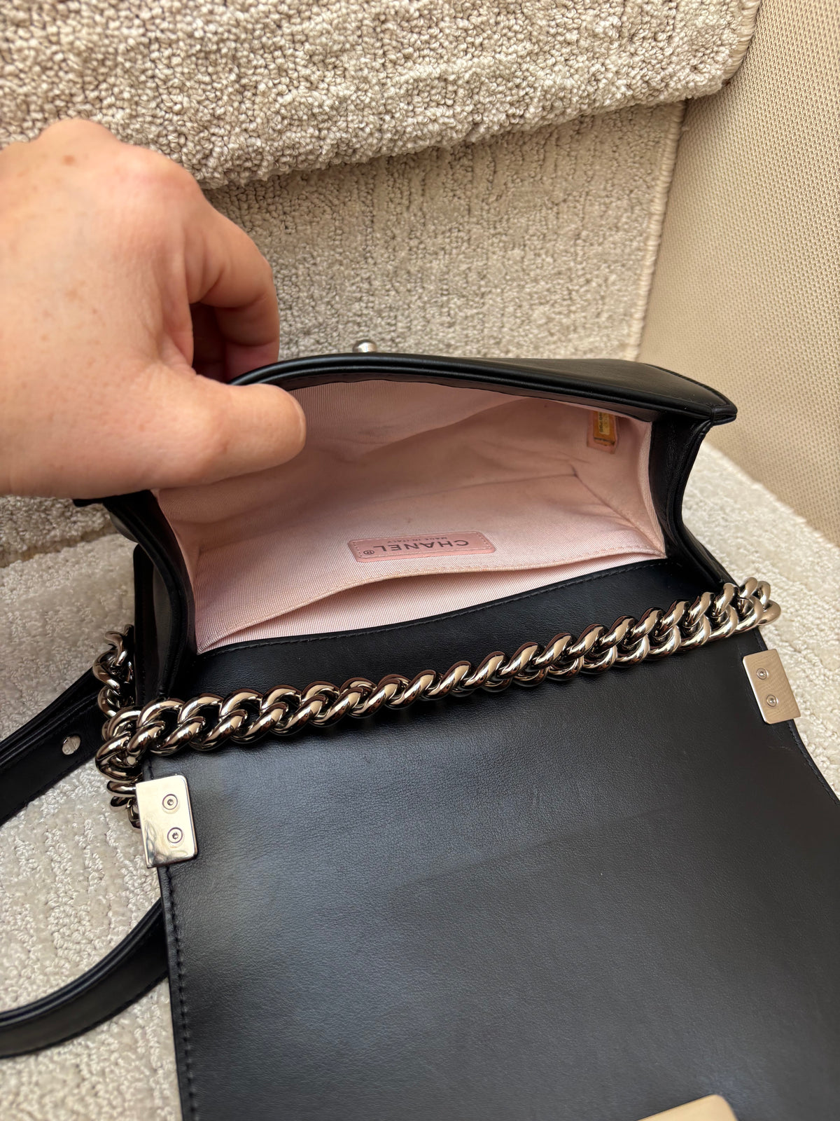 Chanel Small Boy Bag in Black Calfskin with Chevron Pearl Embellishments