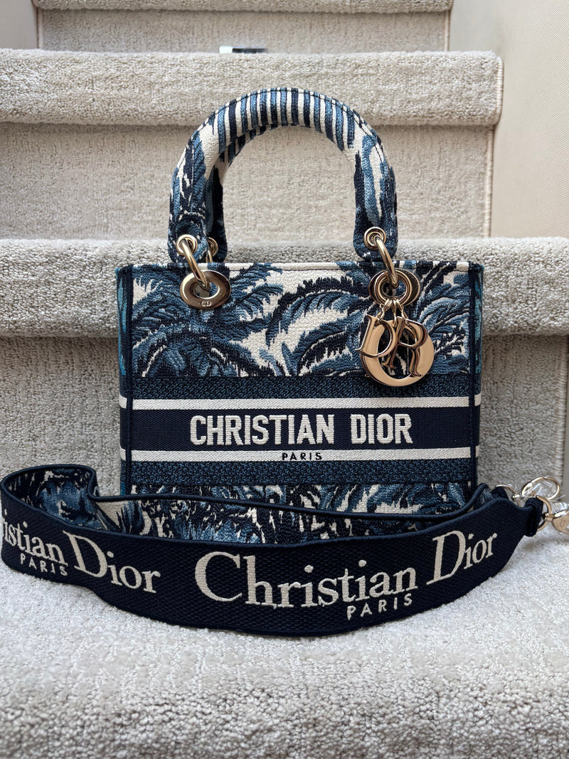Christian Dior Lady Dior handbag in navy blue and white palm tree print fabric with shoulder strap authentic pre-owned from purseonalshopper