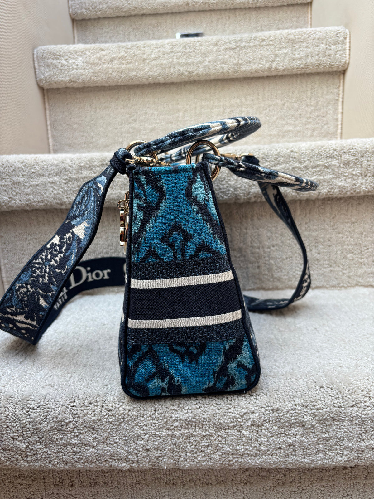 Dior Lady D-Lite Canvas Embroidered Medium Bleu Palm Trees Multicolor