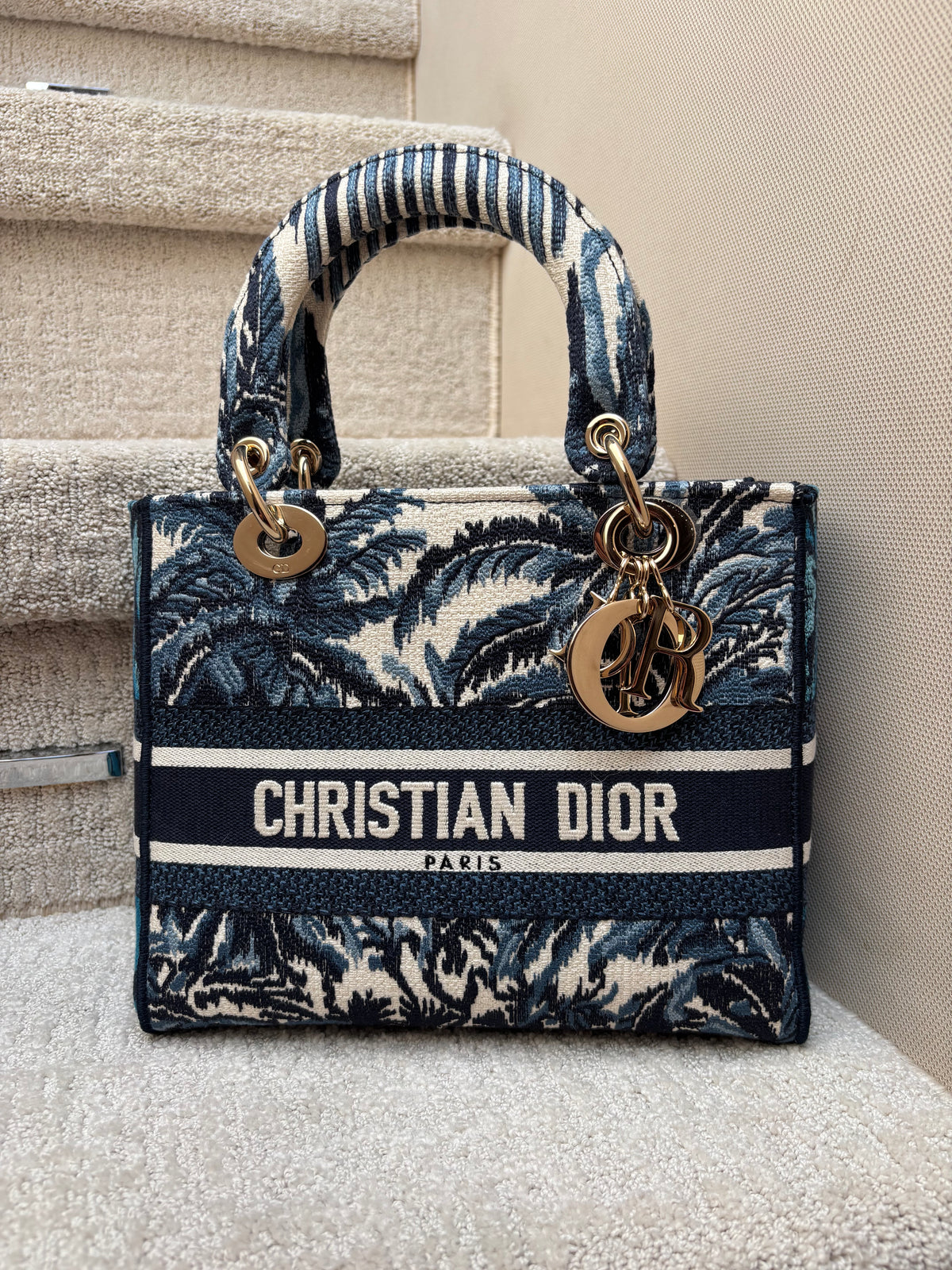 Dior Lady D-Lite Canvas Embroidered Medium Bleu Palm Trees Multicolor