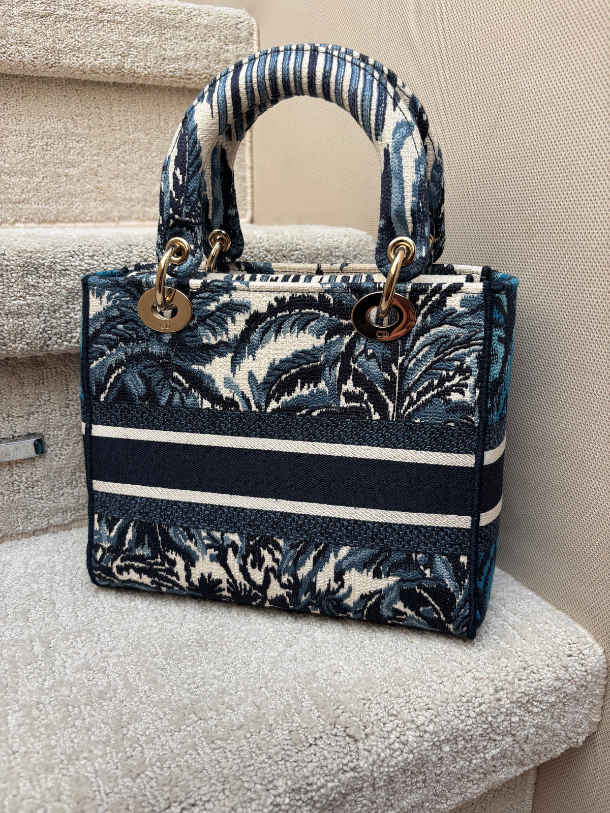 Dior Lady D-Lite Canvas Embroidered Medium Bleu Palm Trees Multicolor