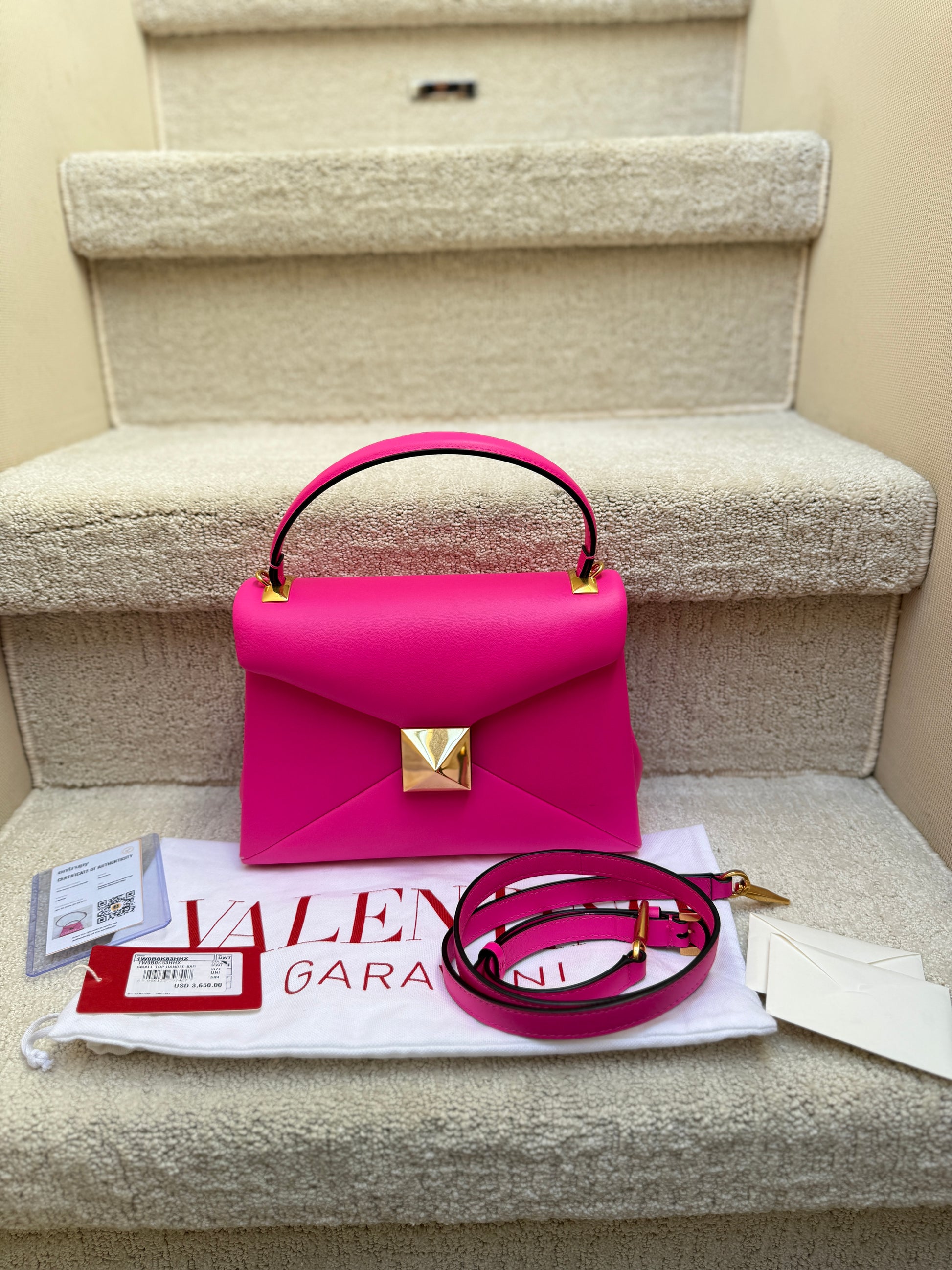 Valentino bright pink bag includes original tags, dustbag and entrupy authentication