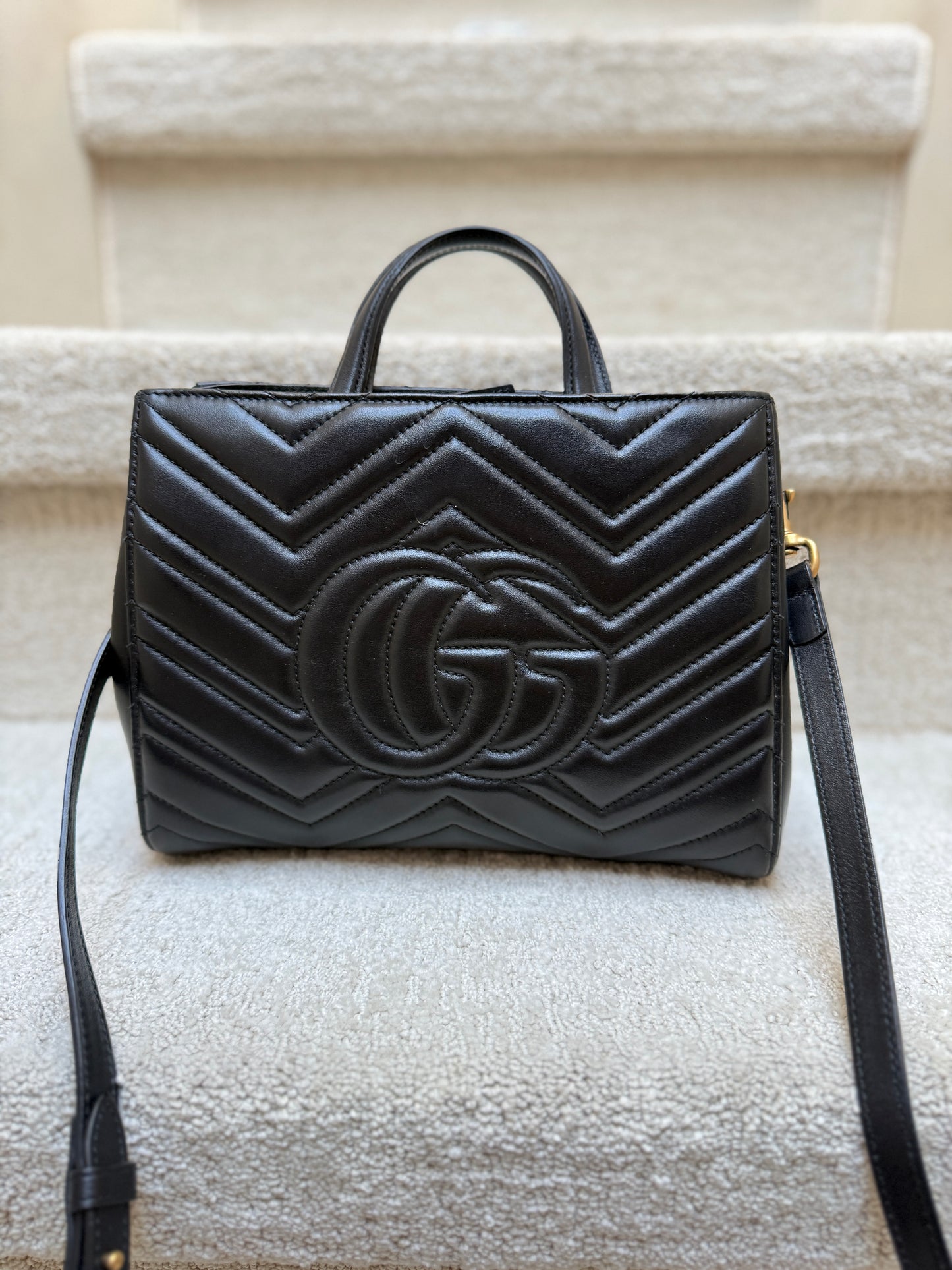 Gucci Calfskin Matelasse Small GG Marmont Tote in Black