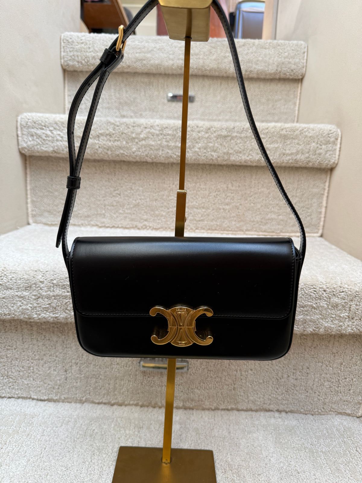 Celine Shiny Calfskin Triomphe Shoulder Bag Black