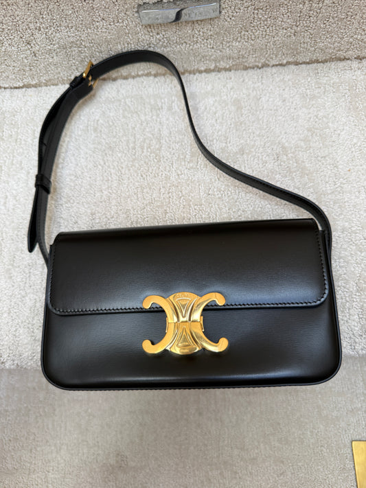 Celine Shiny Calfskin Triomphe Shoulder Bag Black