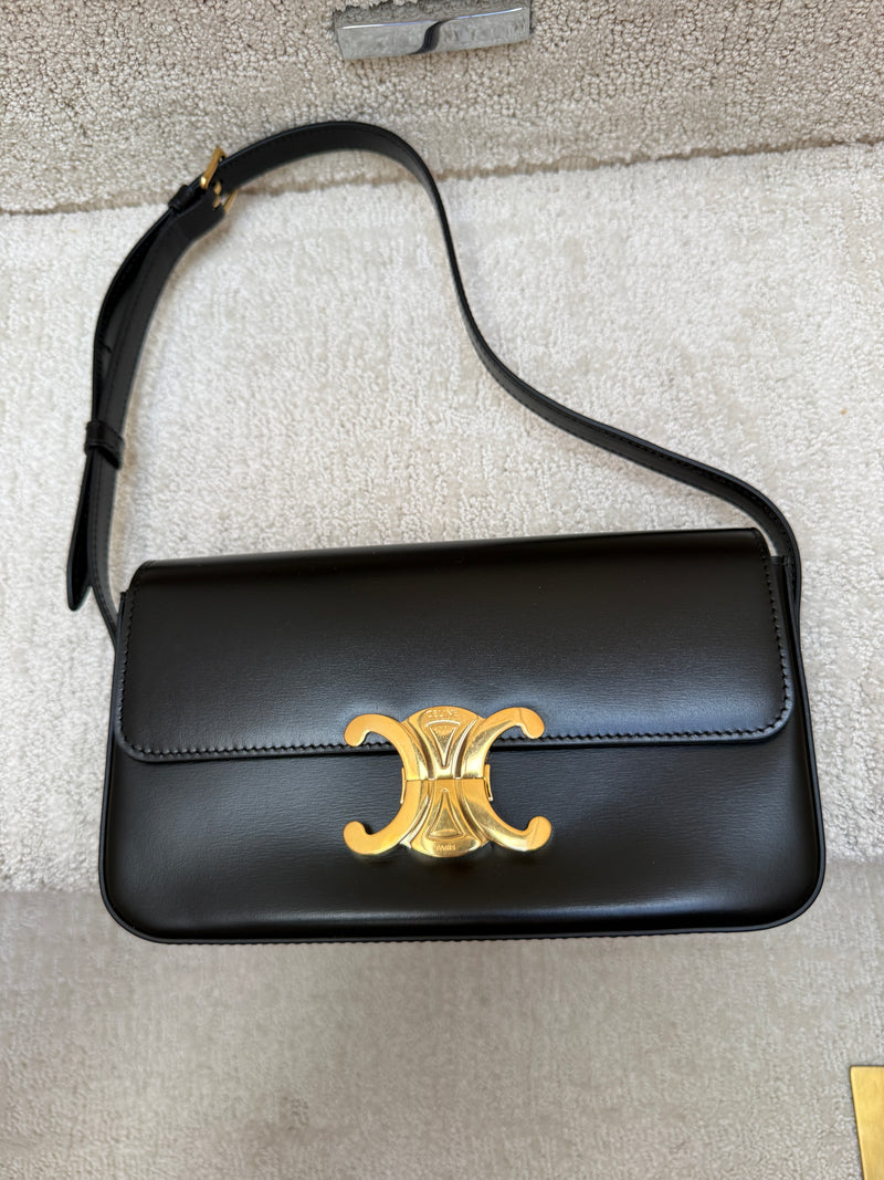 Celine Shiny Calfskin Triomphe Shoulder Bag Black