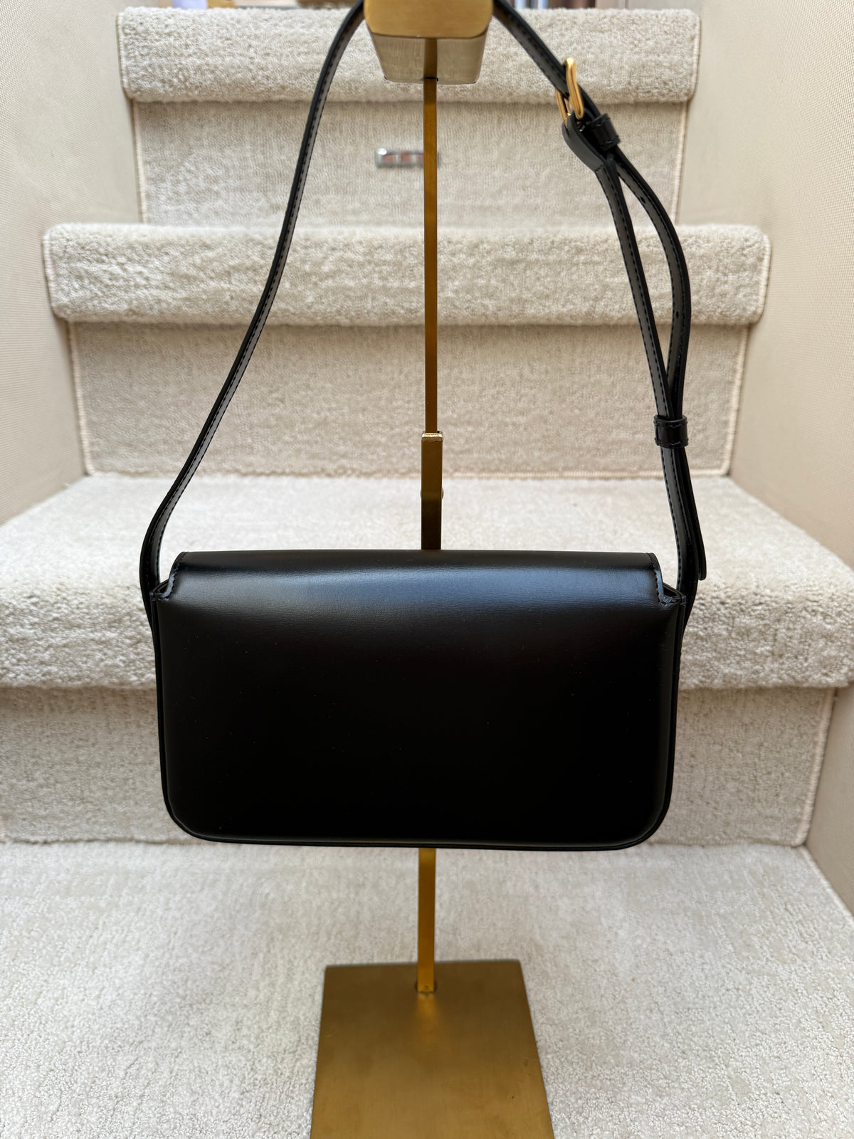 Celine Shiny Calfskin Triomphe Shoulder Bag Black